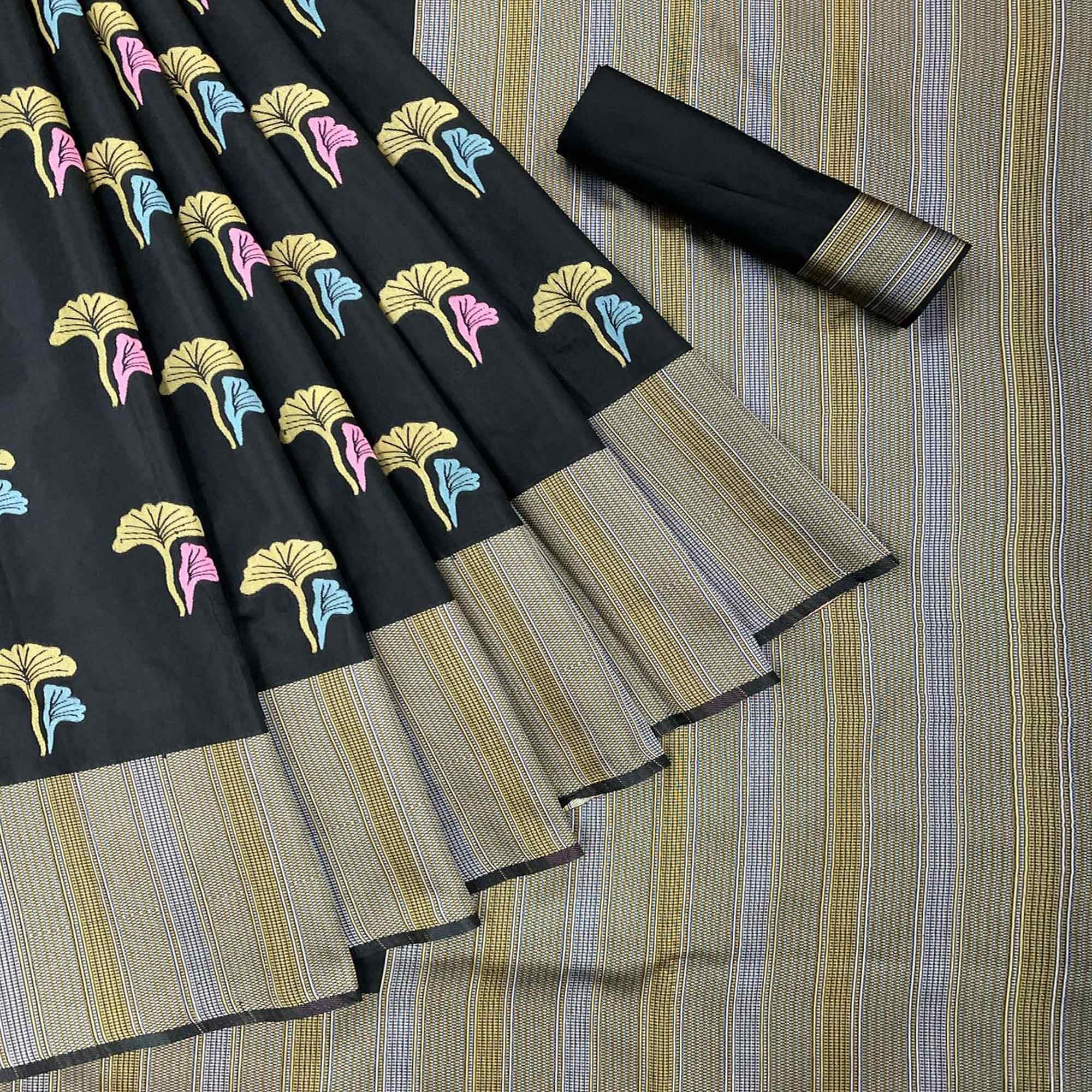 Black Festive Wear Printed Art Silk Saree - Peachmode