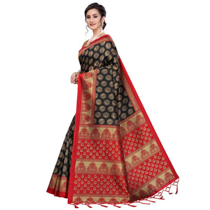 Black Festive Wear Printed Art Silk Saree With Tassels - Peachmode