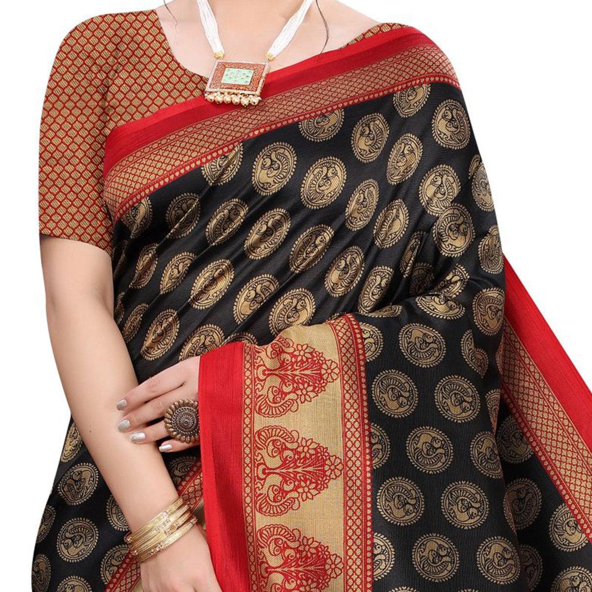 Black Festive Wear Printed Art Silk Saree With Tassels - Peachmode