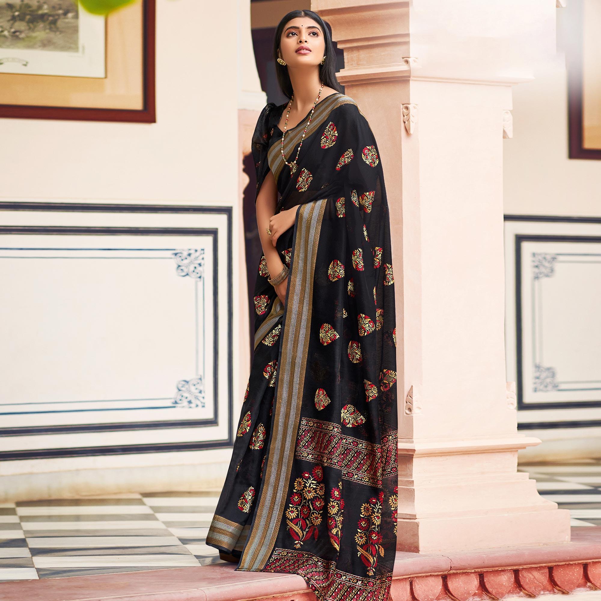Black Festive Wear Printed Chanderi Silk Saree - Peachmode