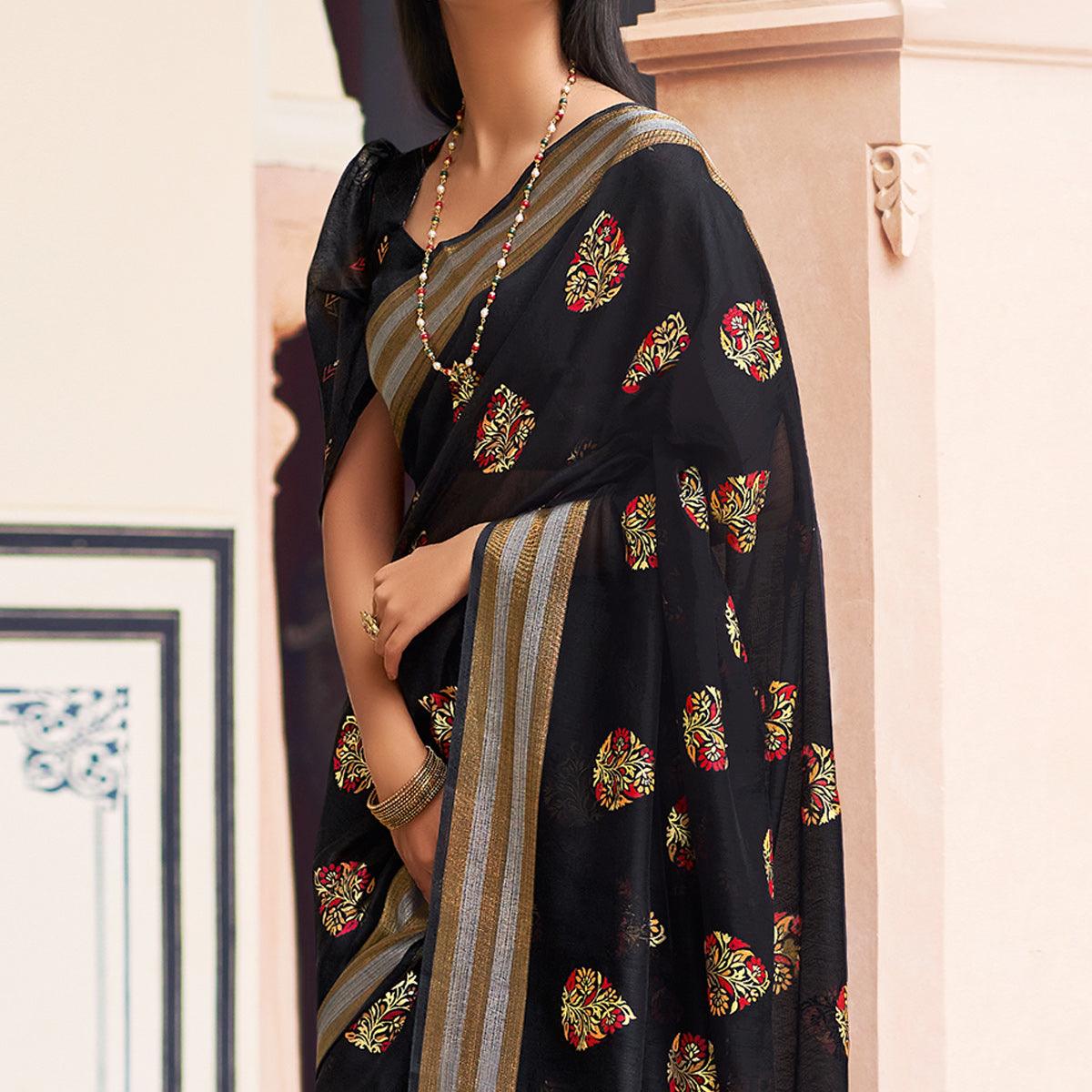 Black Festive Wear Printed Chanderi Silk Saree - Peachmode