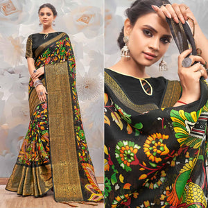 Black Festive Wear Printed Cotton Silk Saree - Peachmode