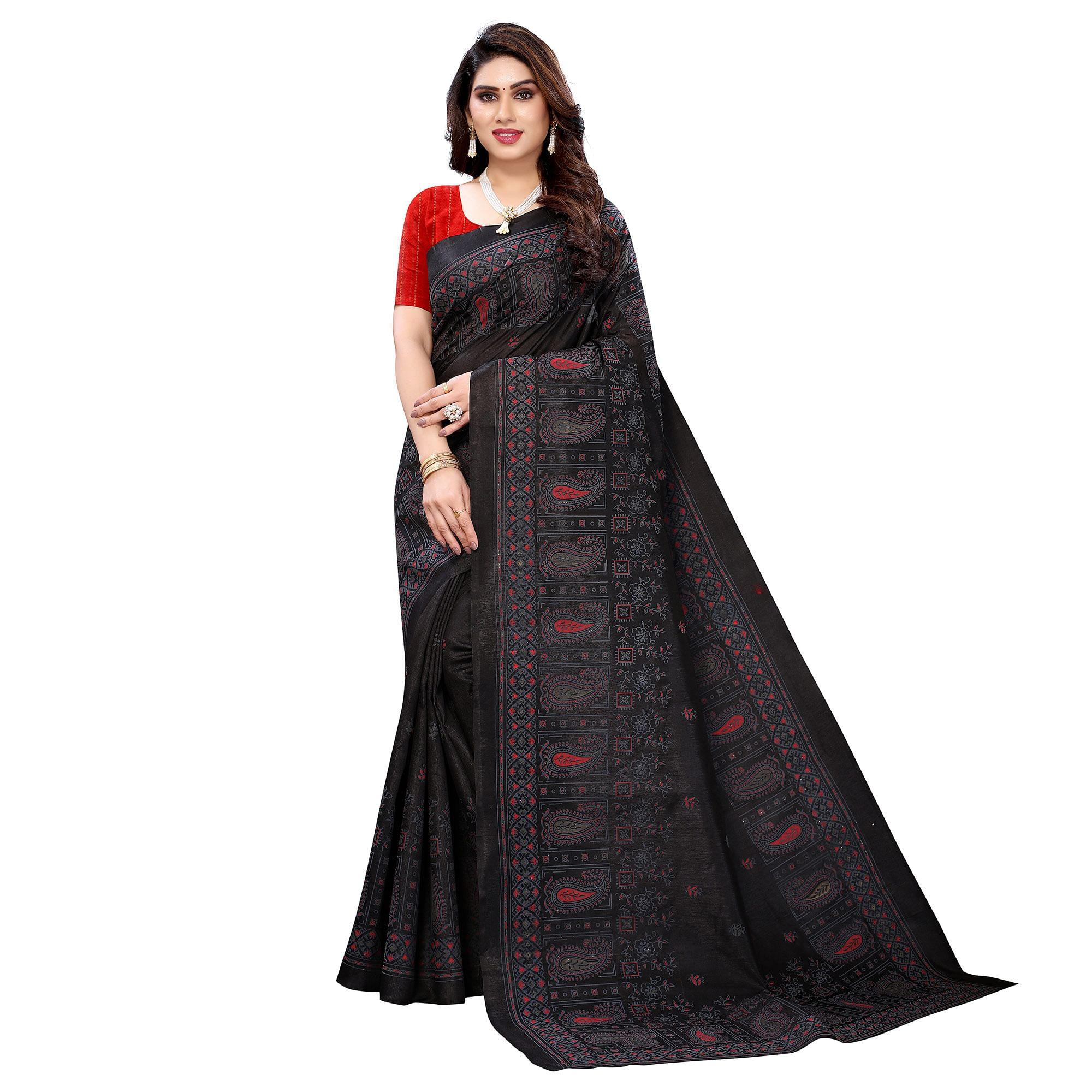 Black Festive Wear Printed Cotton Silk Saree - Peachmode