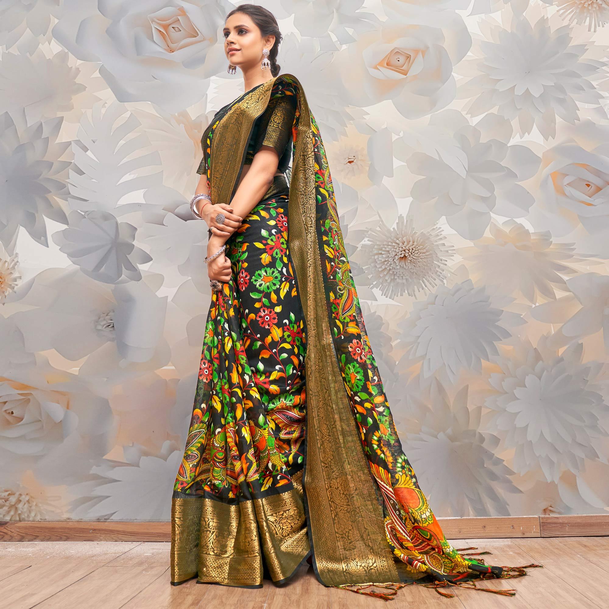 Black Festive Wear Printed Cotton Silk Saree - Peachmode