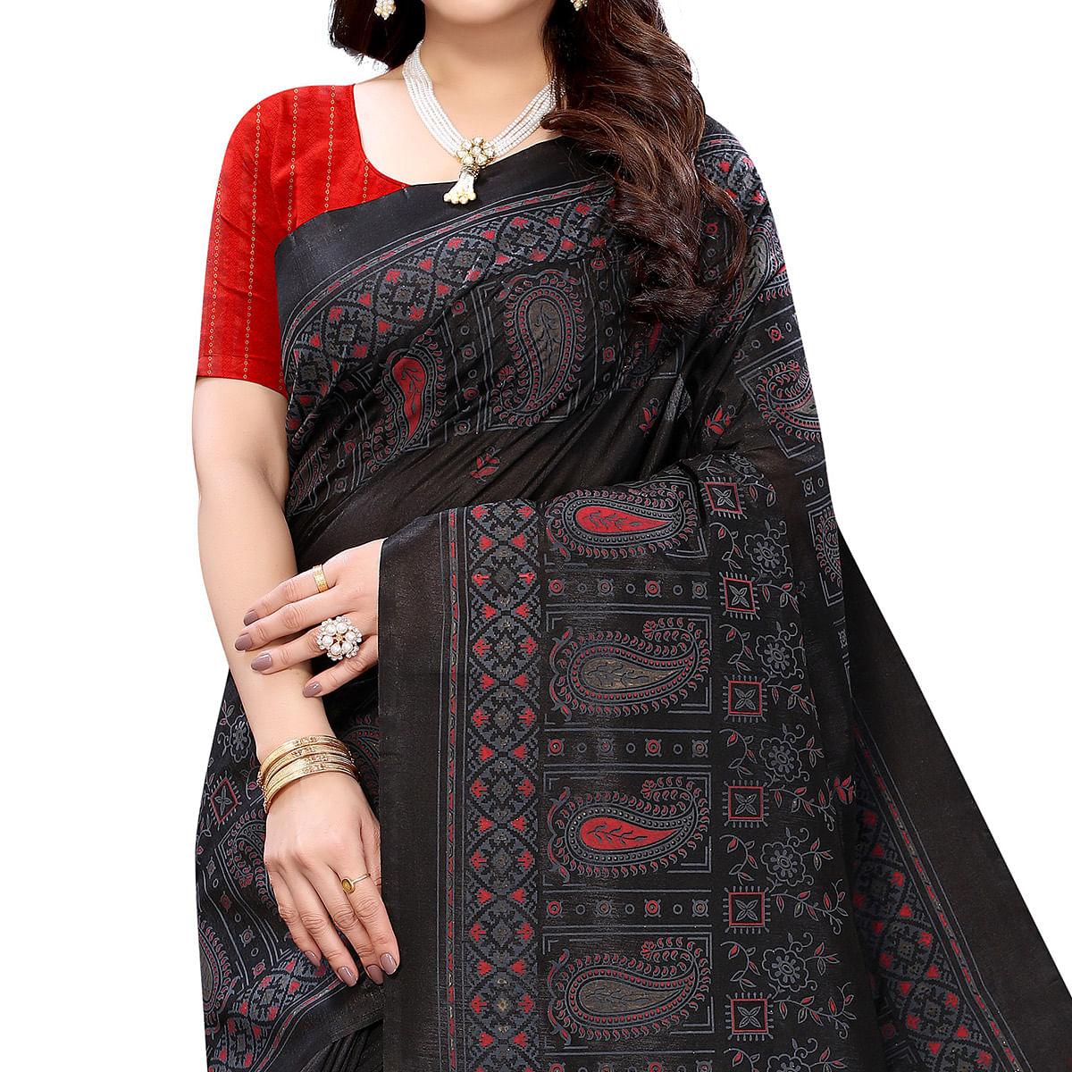 Black Festive Wear Printed Cotton Silk Saree - Peachmode