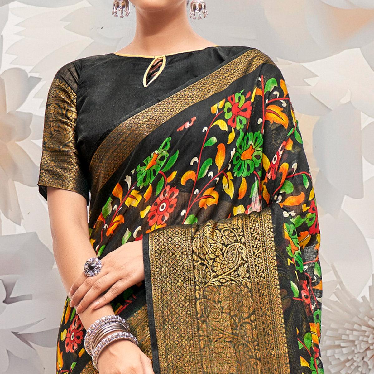 Black Festive Wear Printed Cotton Silk Saree - Peachmode