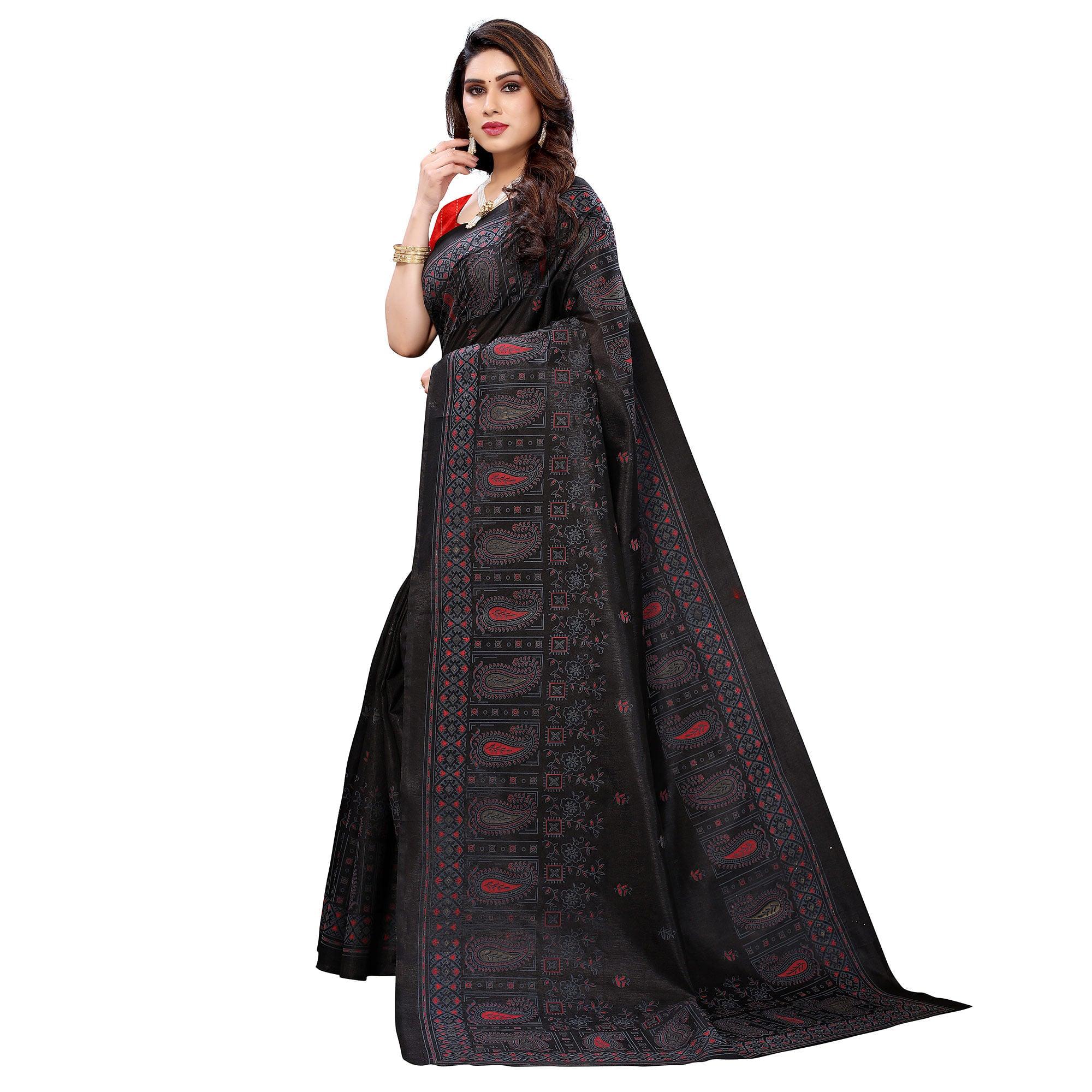 Black Festive Wear Printed Cotton Silk Saree - Peachmode