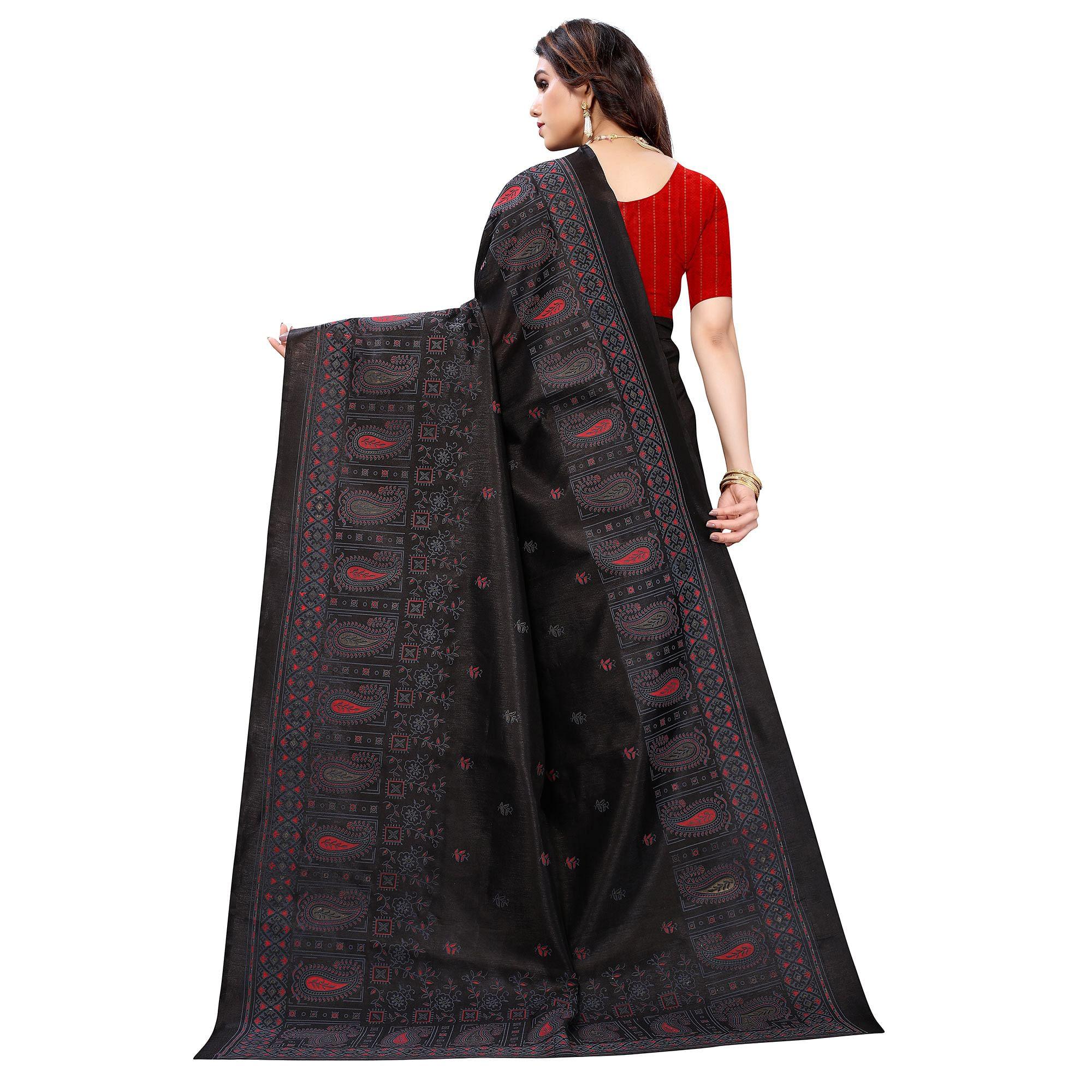 Black Festive Wear Printed Cotton Silk Saree - Peachmode