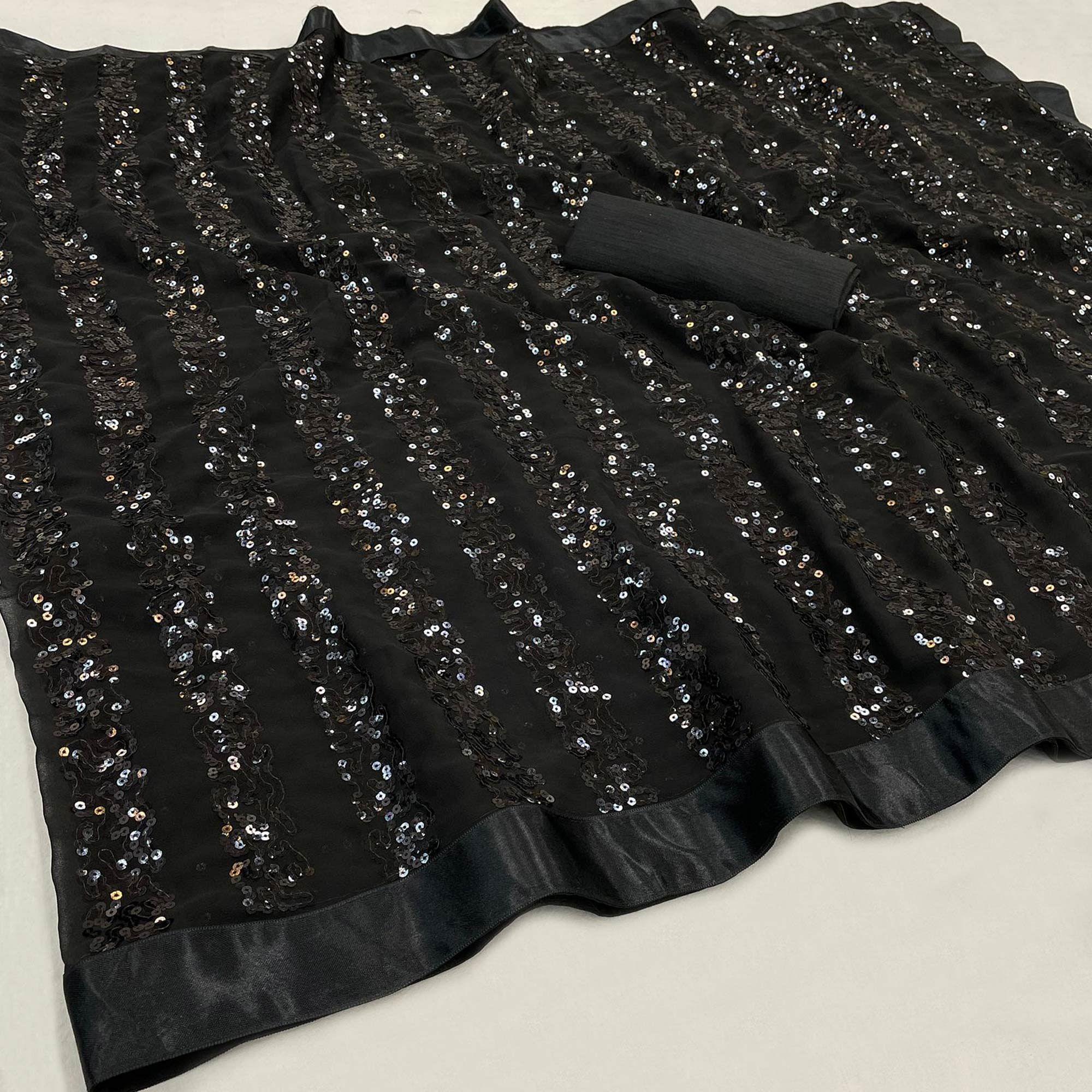 Black Festive Wear Sequence Embroidered Georgette Saree - Peachmode