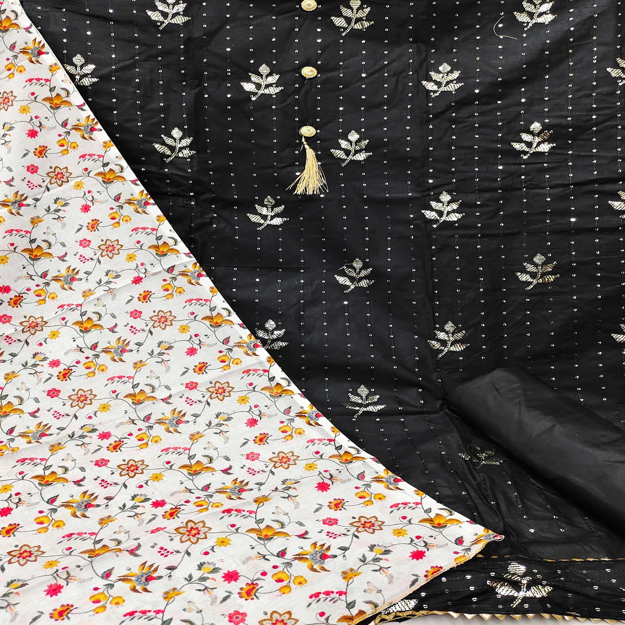 Black Festive Wear Sequence Work Cotton Dress Material - Peachmode