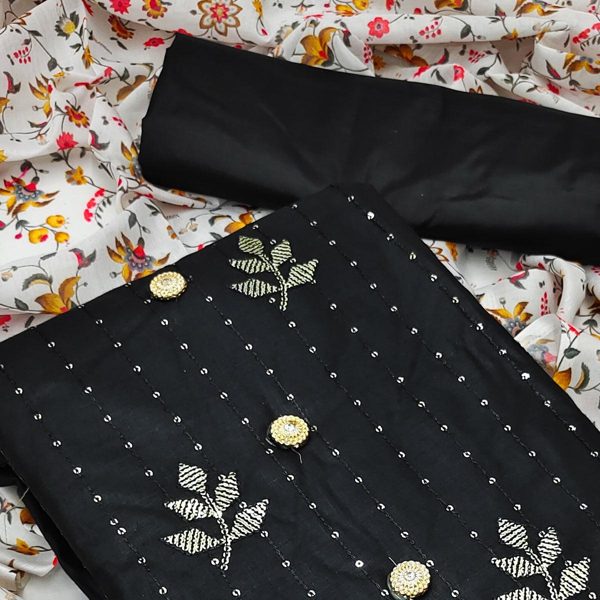 Black Festive Wear Sequence Work Cotton Dress Material - Peachmode