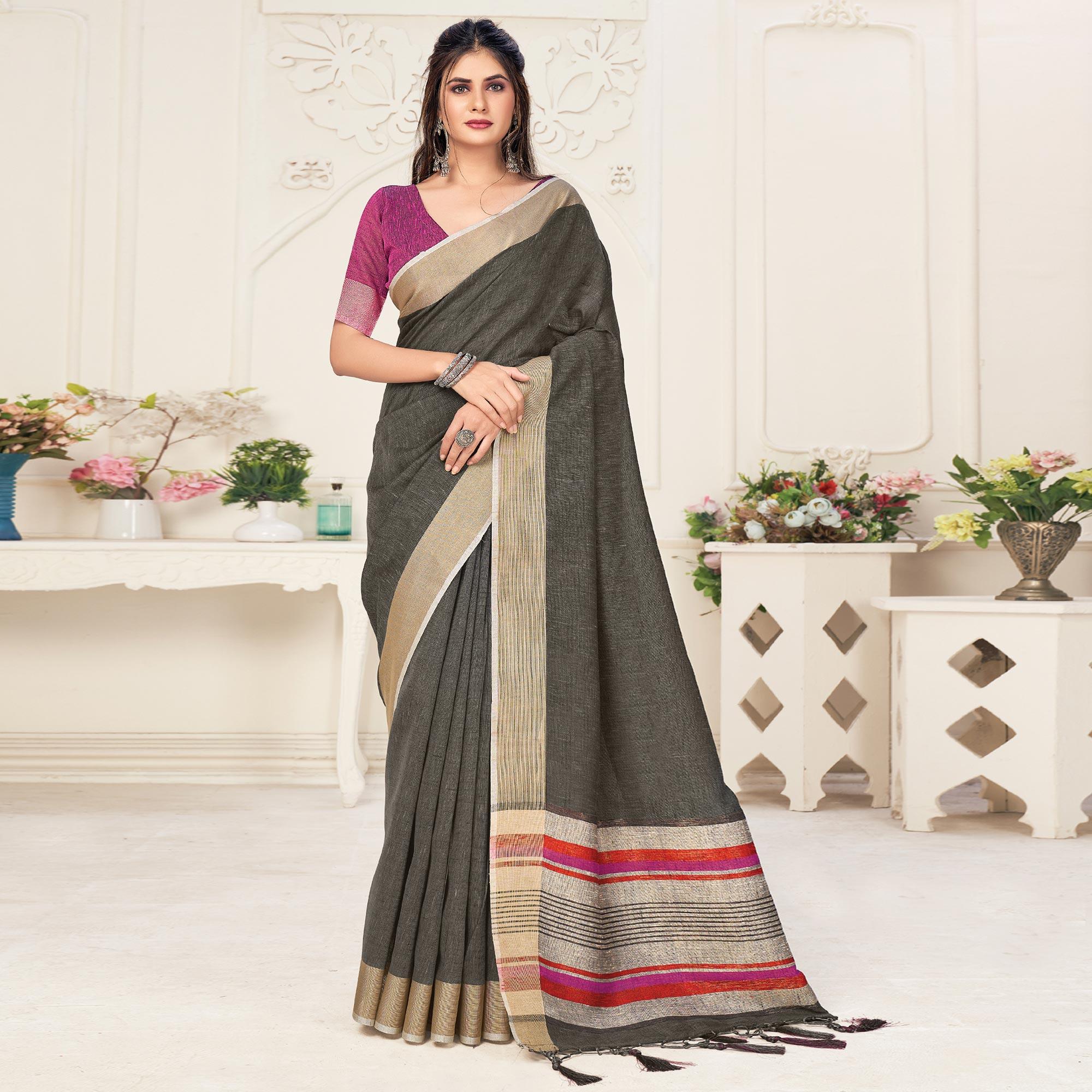 Black Festive Wear Solid Linen Saree - Peachmode
