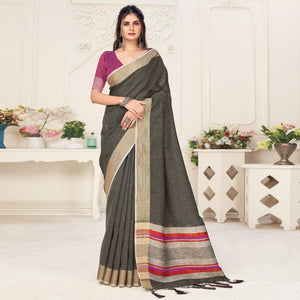 Black Festive Wear Solid Linen Saree - Peachmode