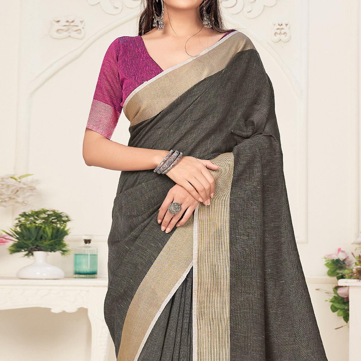 Black Festive Wear Solid Linen Saree - Peachmode