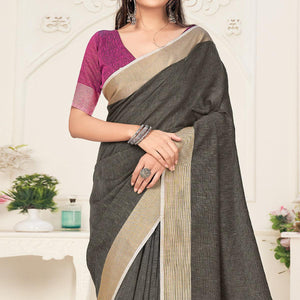Black Festive Wear Solid Linen Saree - Peachmode
