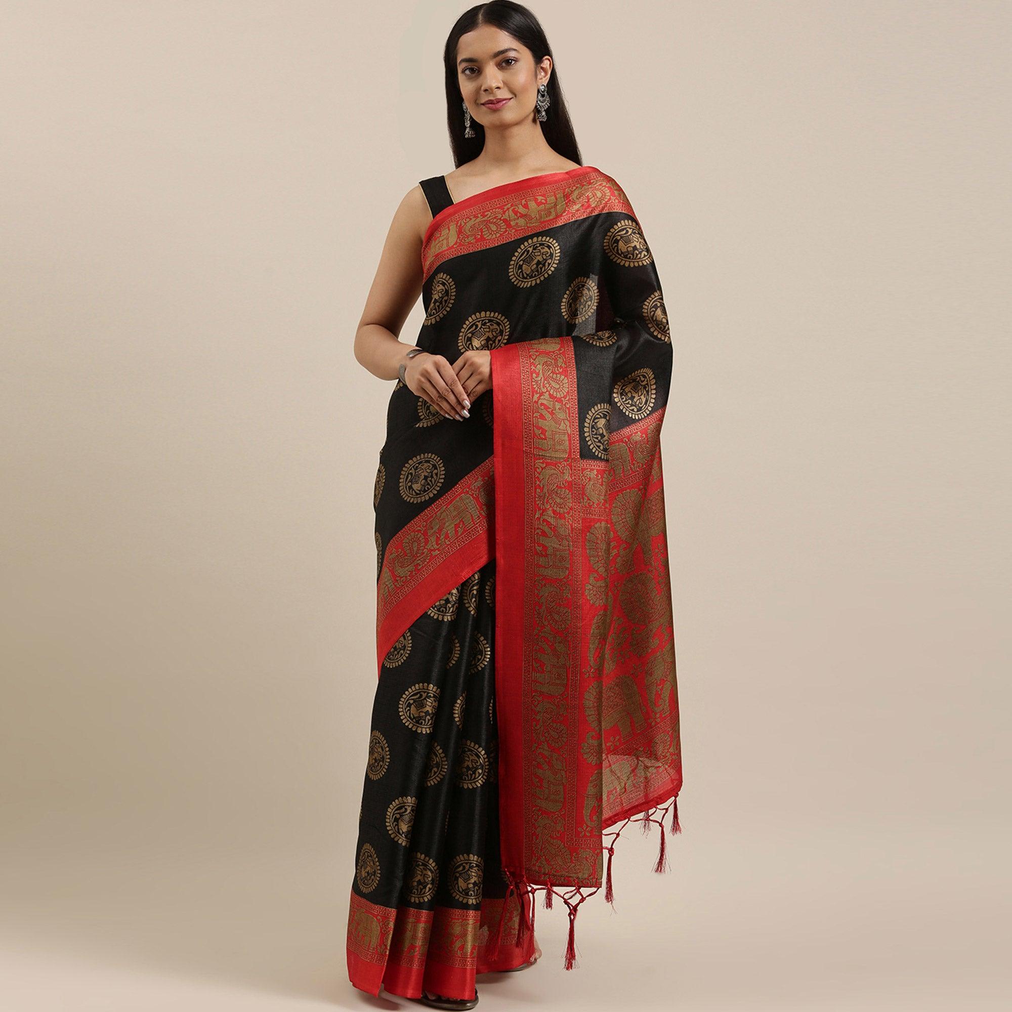 Black Festive Wear Woven Art Silk Saree With Tassels - Peachmode