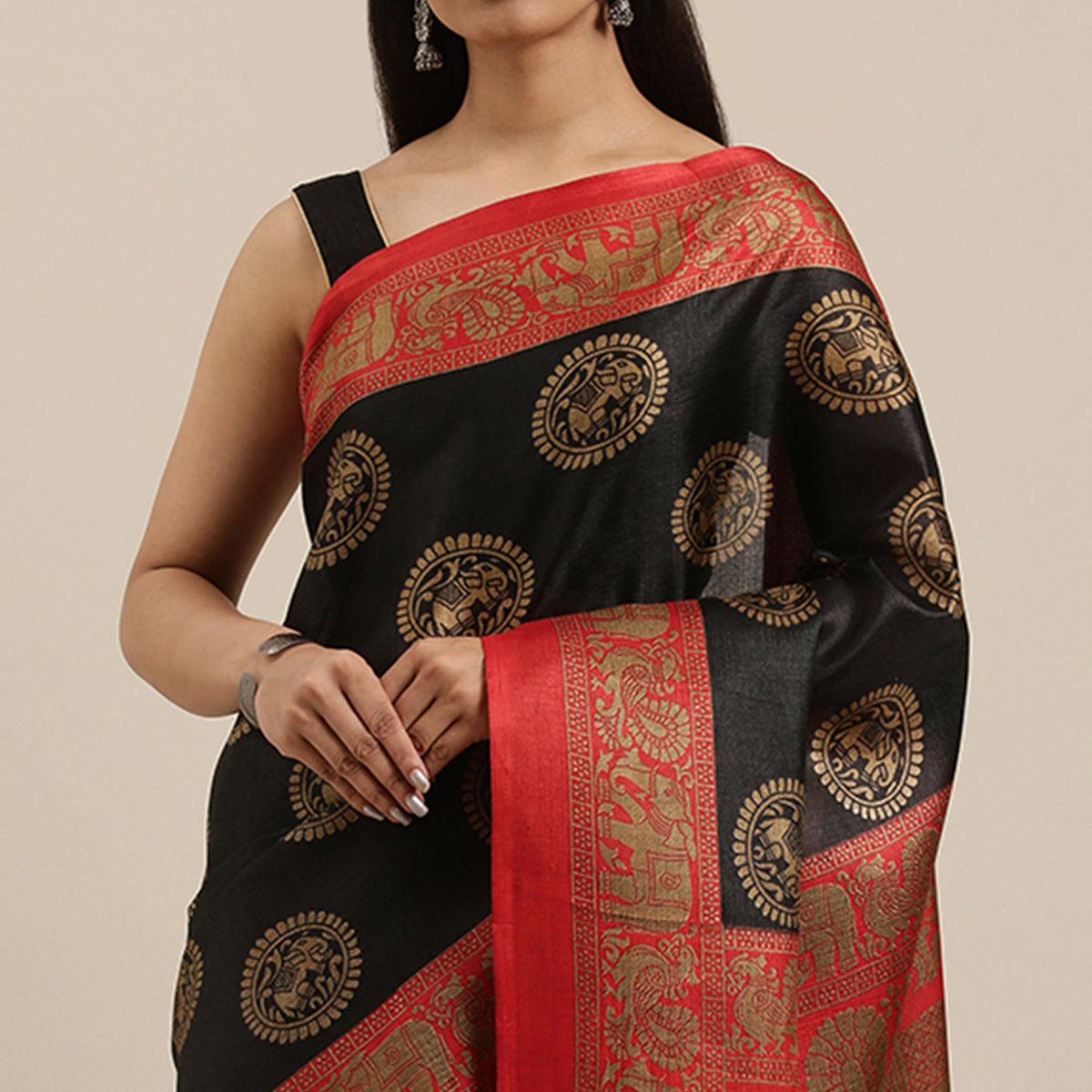 Black Festive Wear Woven Art Silk Saree With Tassels - Peachmode