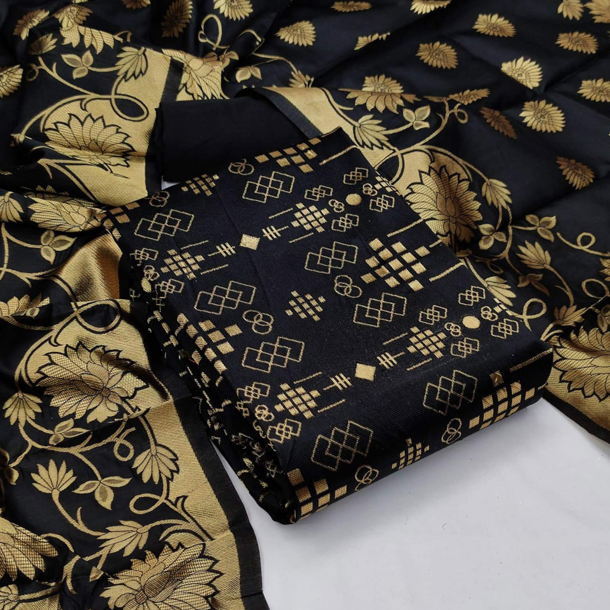 Black Festive Wear Woven Banarasi Silk Dress Material - Peachmode