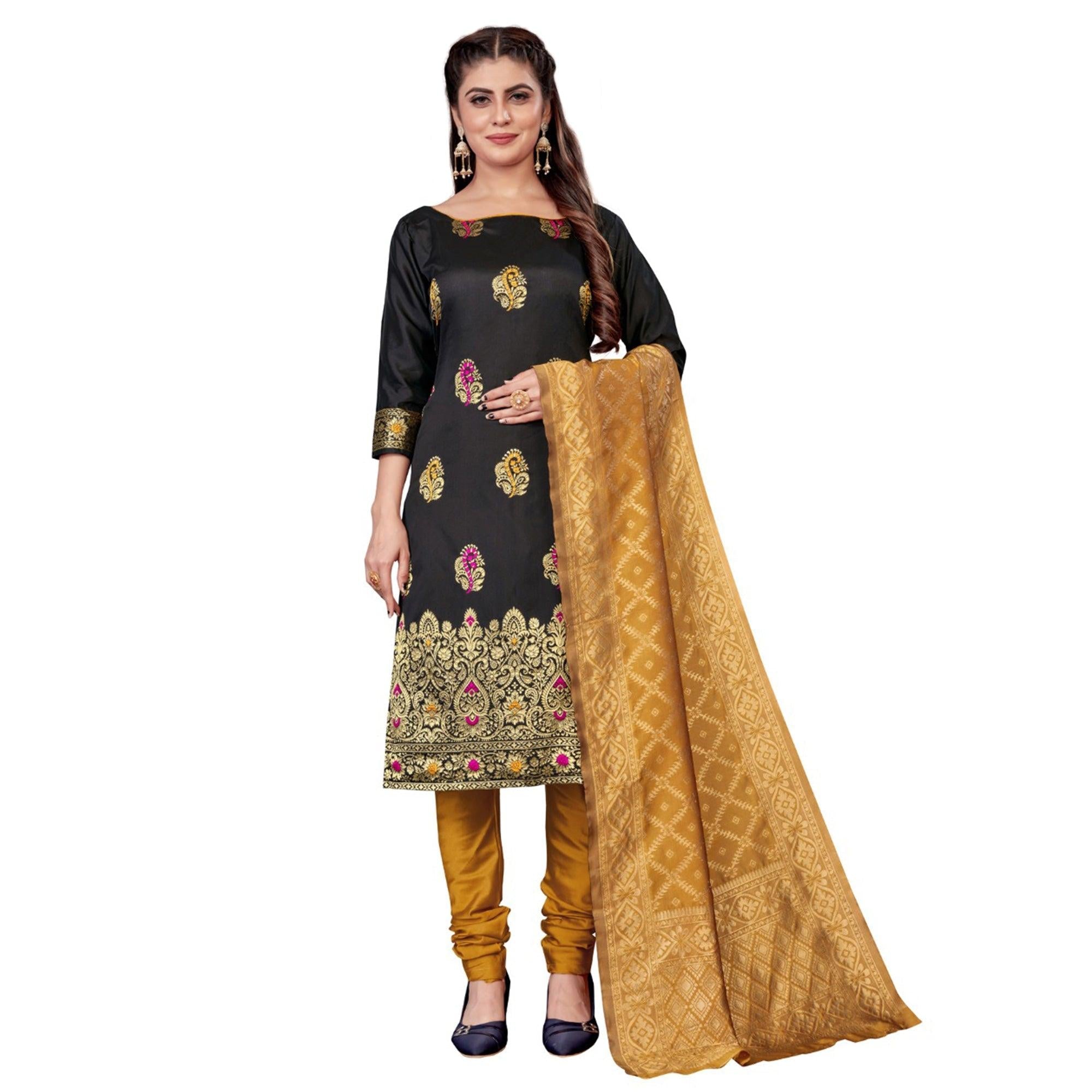 Black Festive Wear Woven Banarasi Silk Dress Material - Peachmode