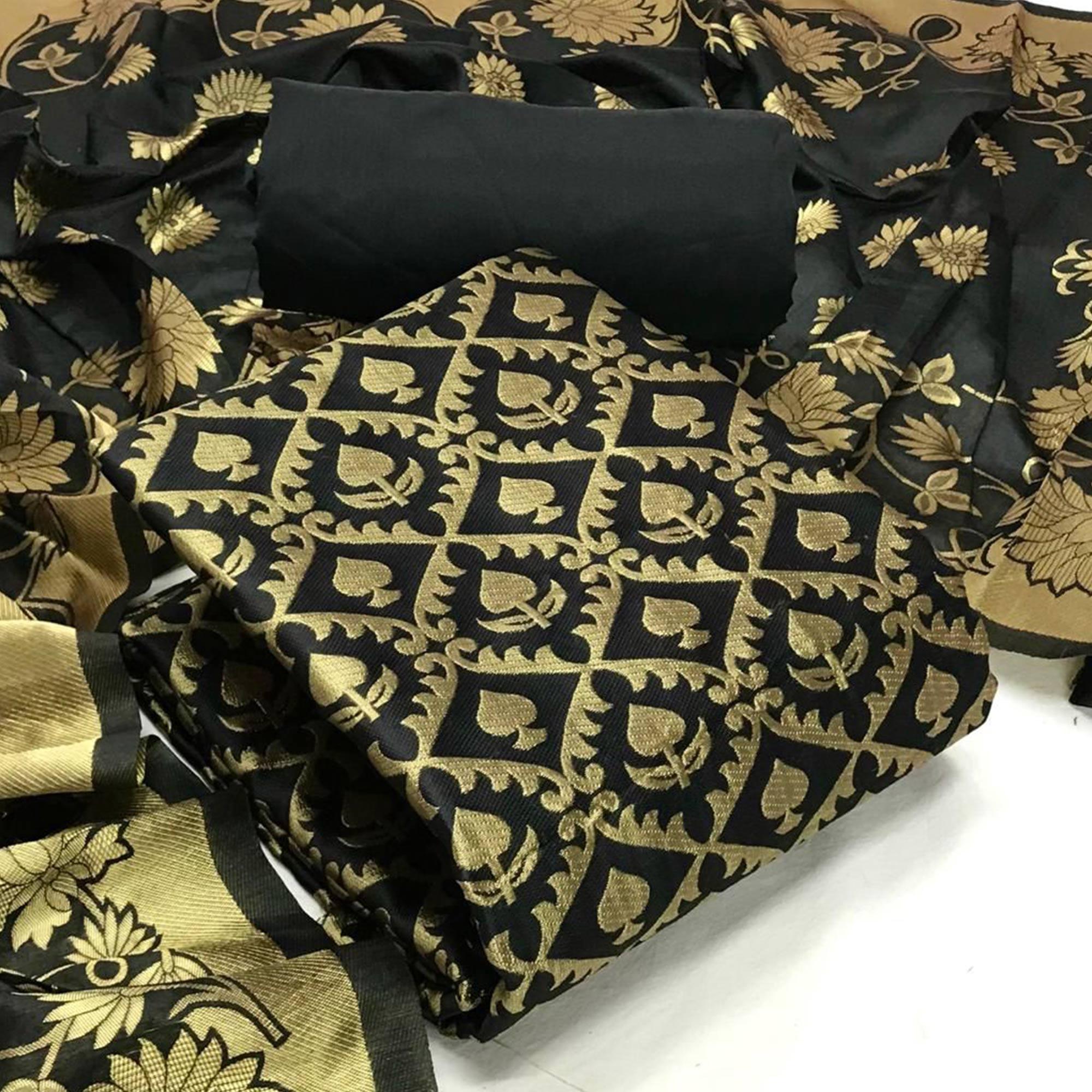 Black Festive Wear Woven Banarasi Silk Dress Material - Peachmode