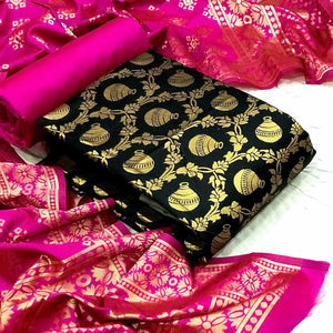 Black Festive Wear Woven Banarasi Silk Dress Material - Peachmode