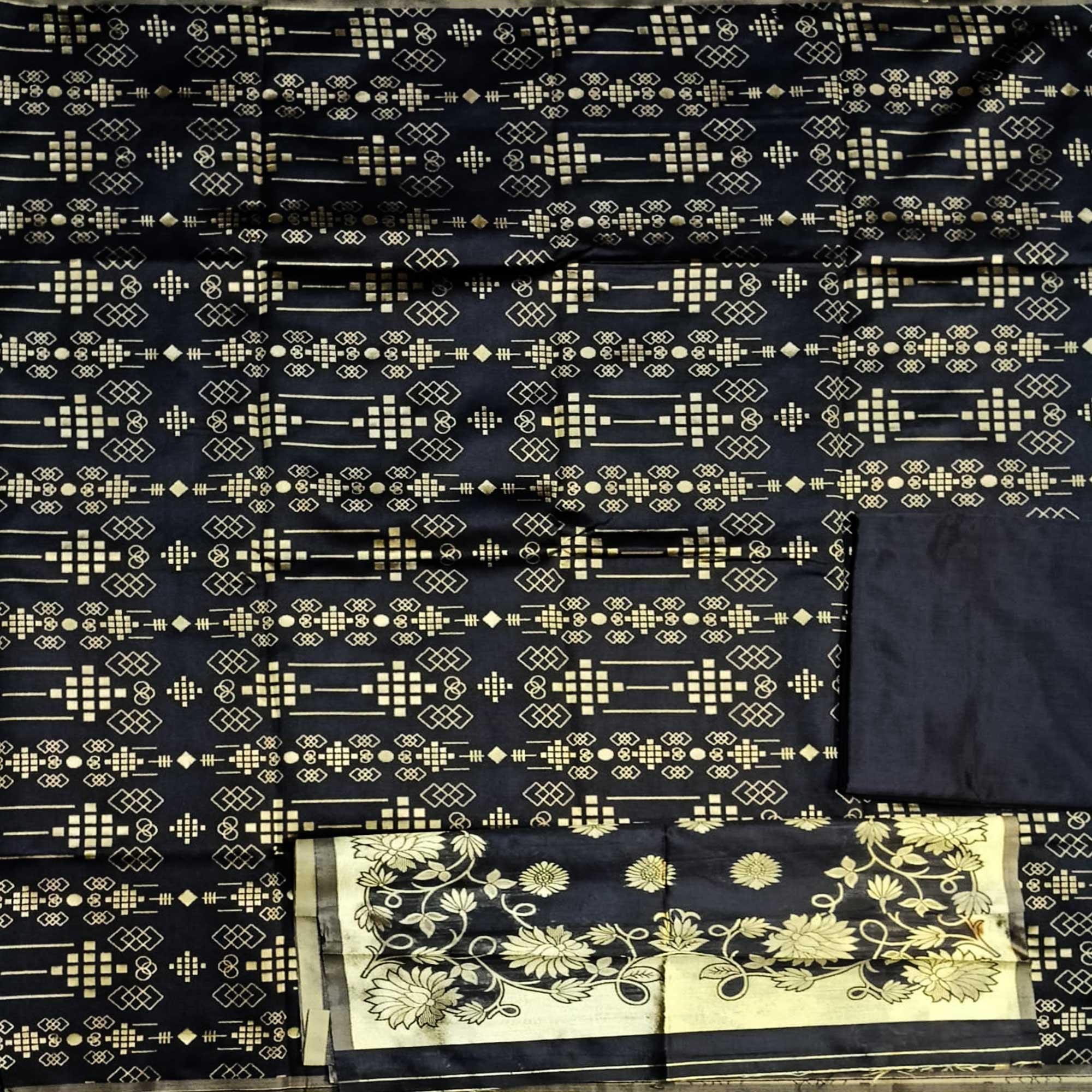 Black Festive Wear Woven Banarasi Silk Dress Material - Peachmode