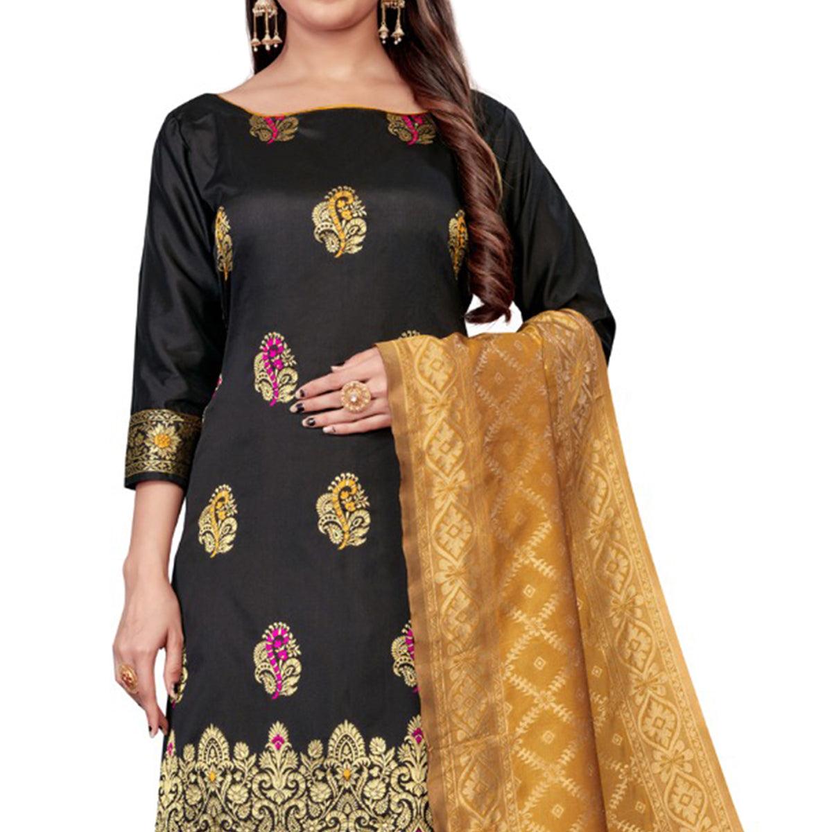 Black Festive Wear Woven Banarasi Silk Dress Material - Peachmode