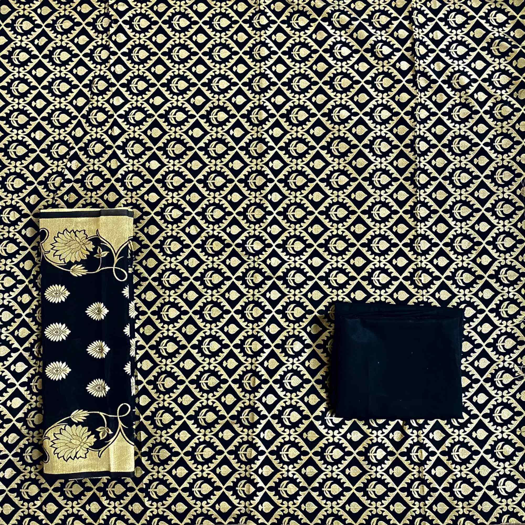 Black Festive Wear Woven Banarasi Silk Dress Material - Peachmode