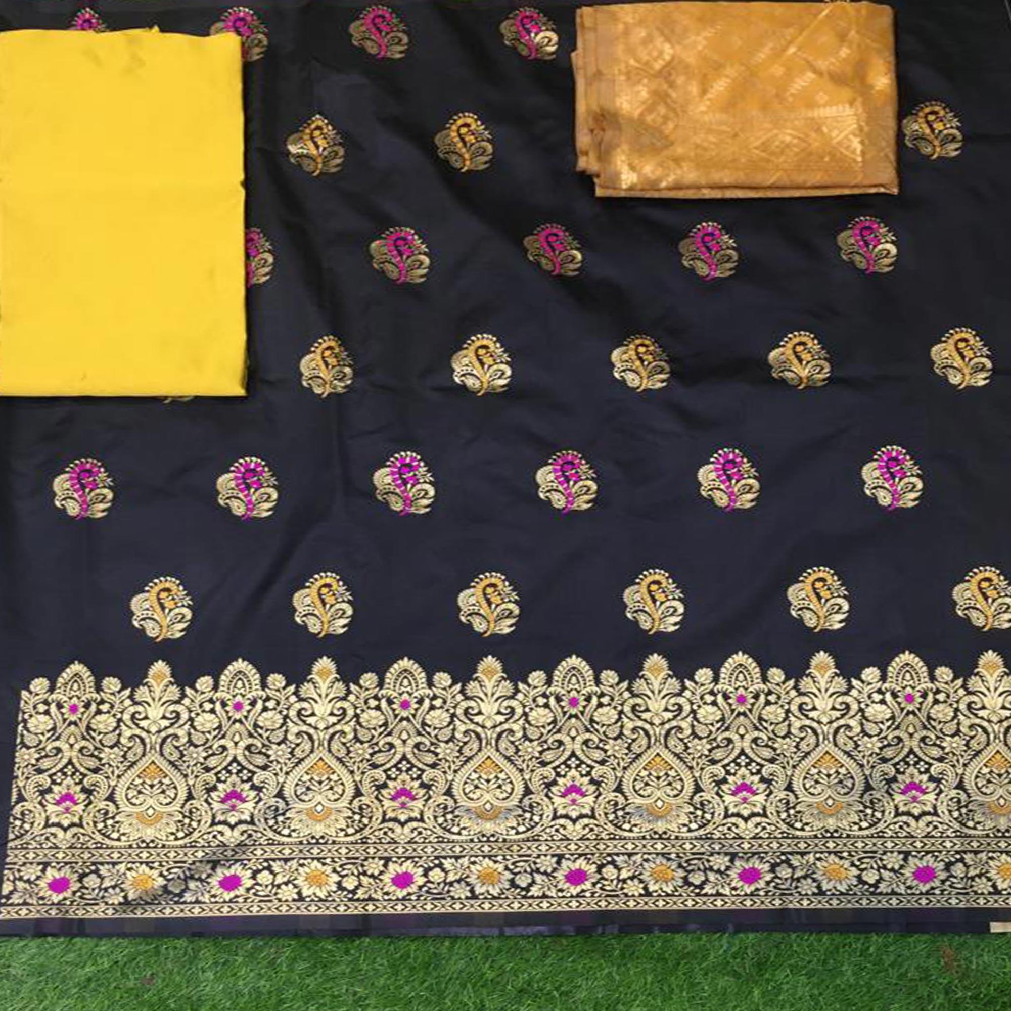 Black Festive Wear Woven Banarasi Silk Dress Material - Peachmode