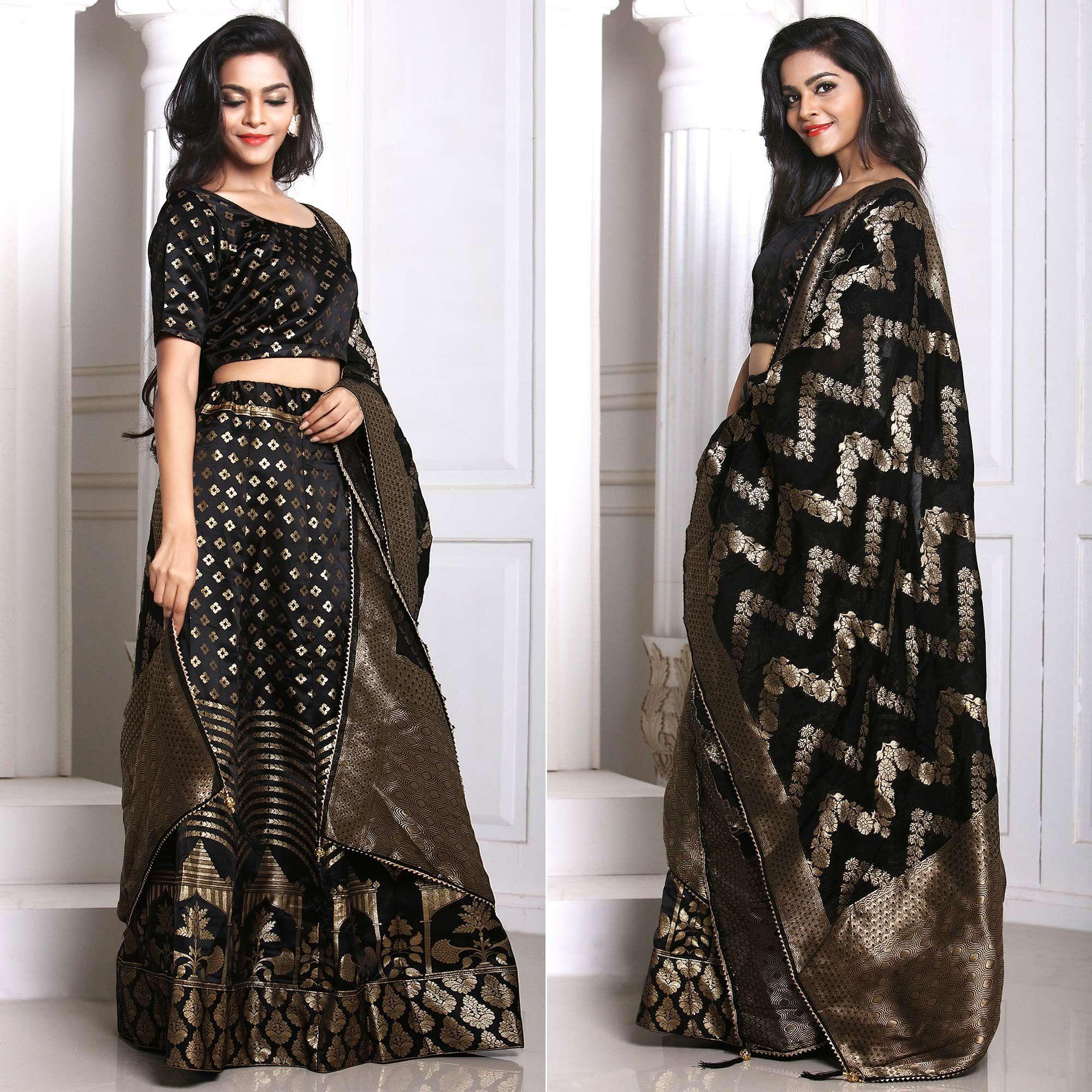 Black Festive Wear Woven Banarasi Silk Lehenga - Peachmode