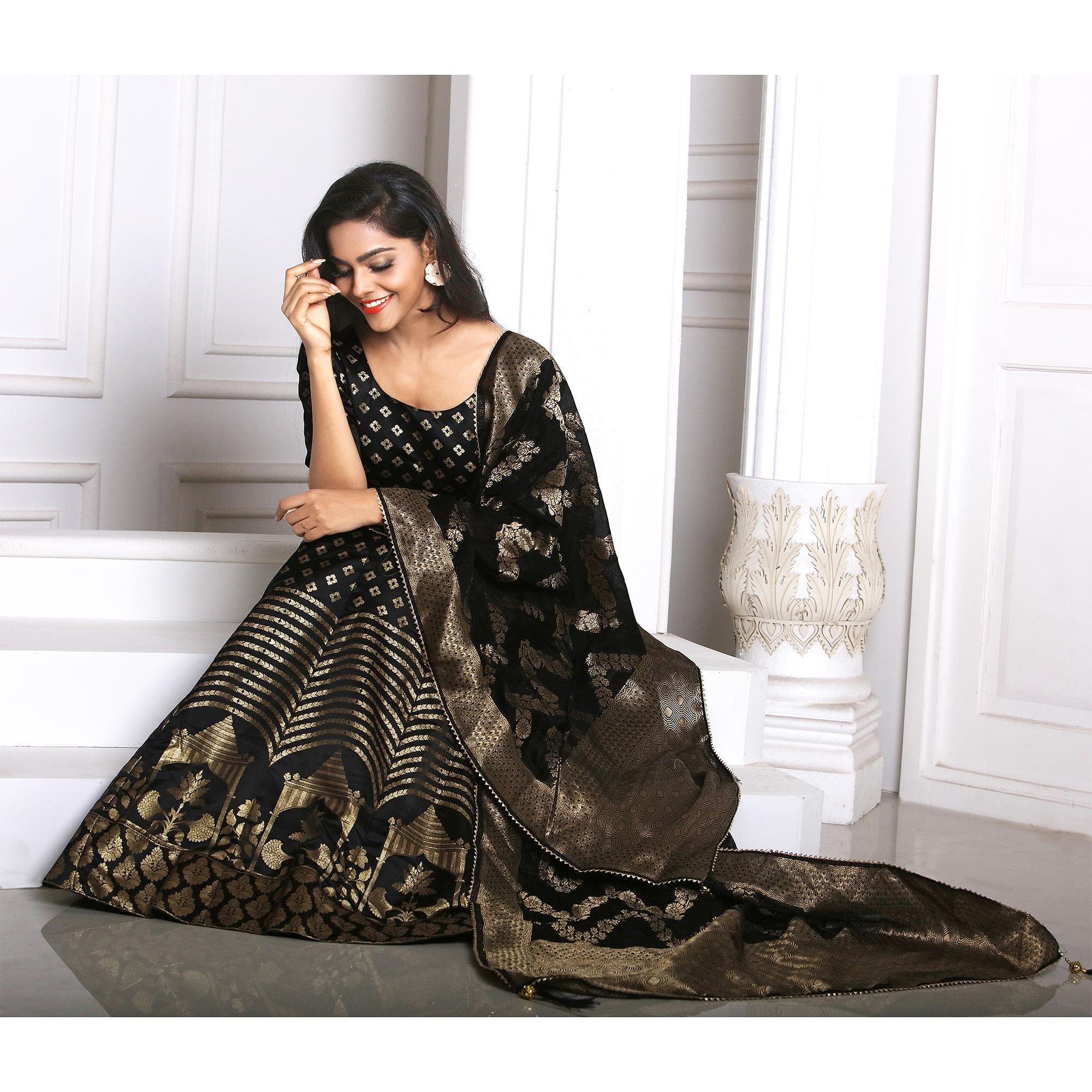 Black Festive Wear Woven Banarasi Silk Lehenga - Peachmode