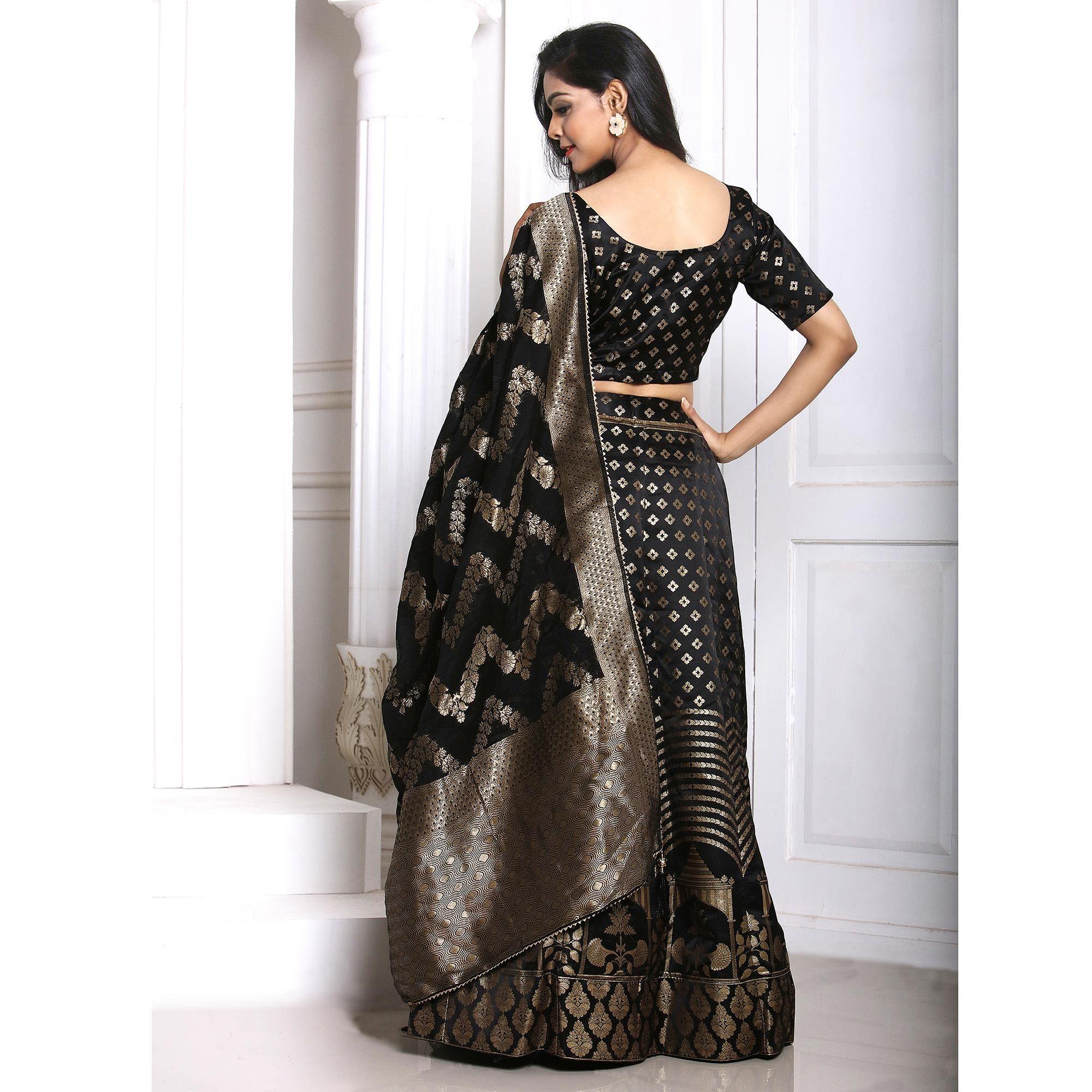 Black Festive Wear Woven Banarasi Silk Lehenga - Peachmode