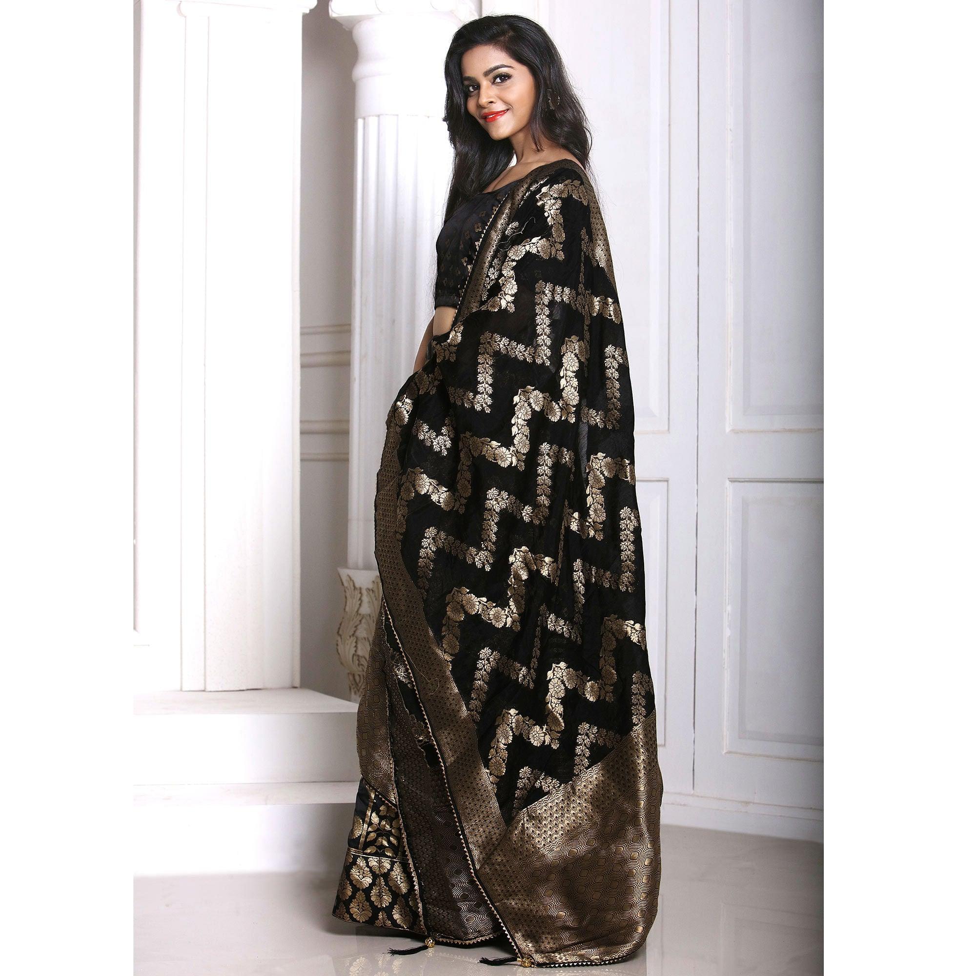 Black Festive Wear Woven Banarasi Silk Lehenga - Peachmode