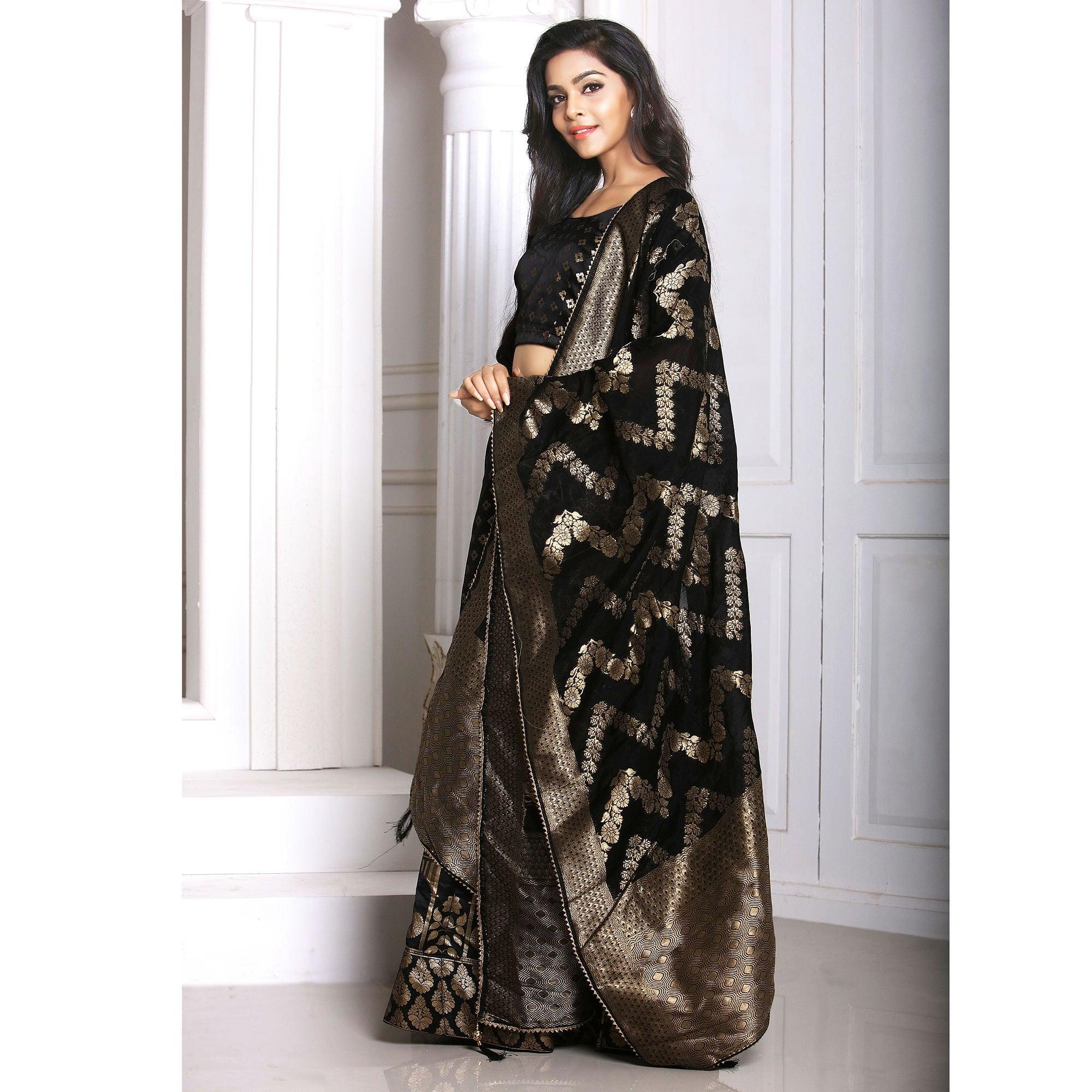 Black Festive Wear Woven Banarasi Silk Lehenga - Peachmode