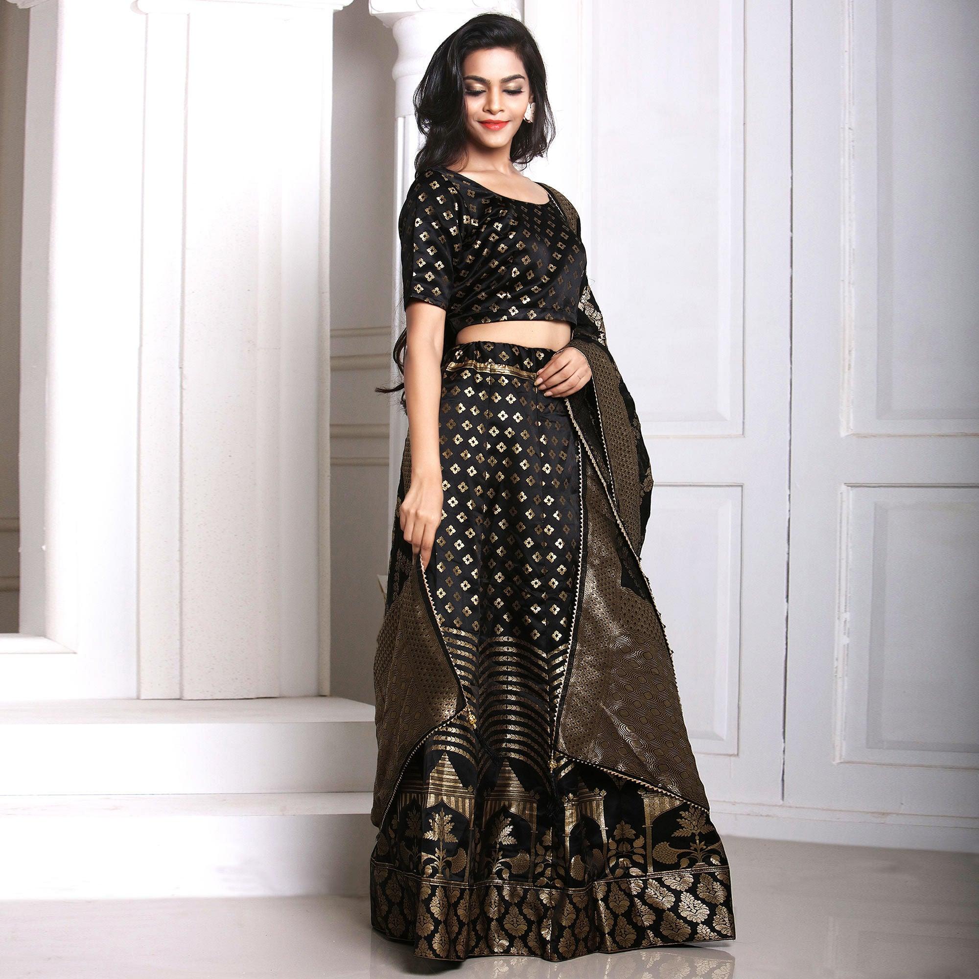 Black Festive Wear Woven Banarasi Silk Lehenga - Peachmode