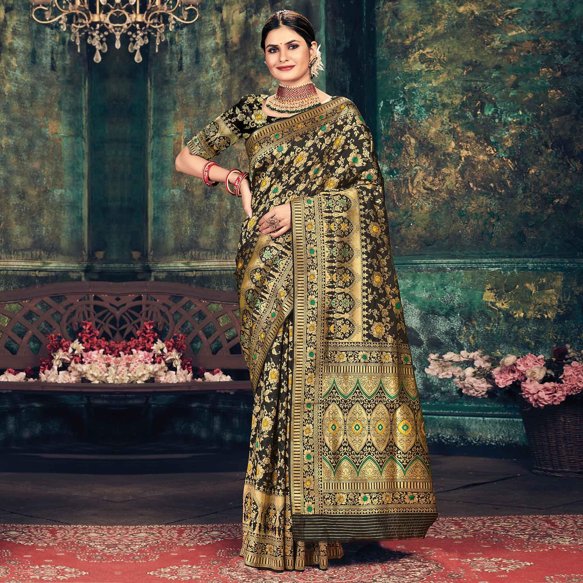 Black Festive Wear Woven Banarasi Silk Saree - Peachmode