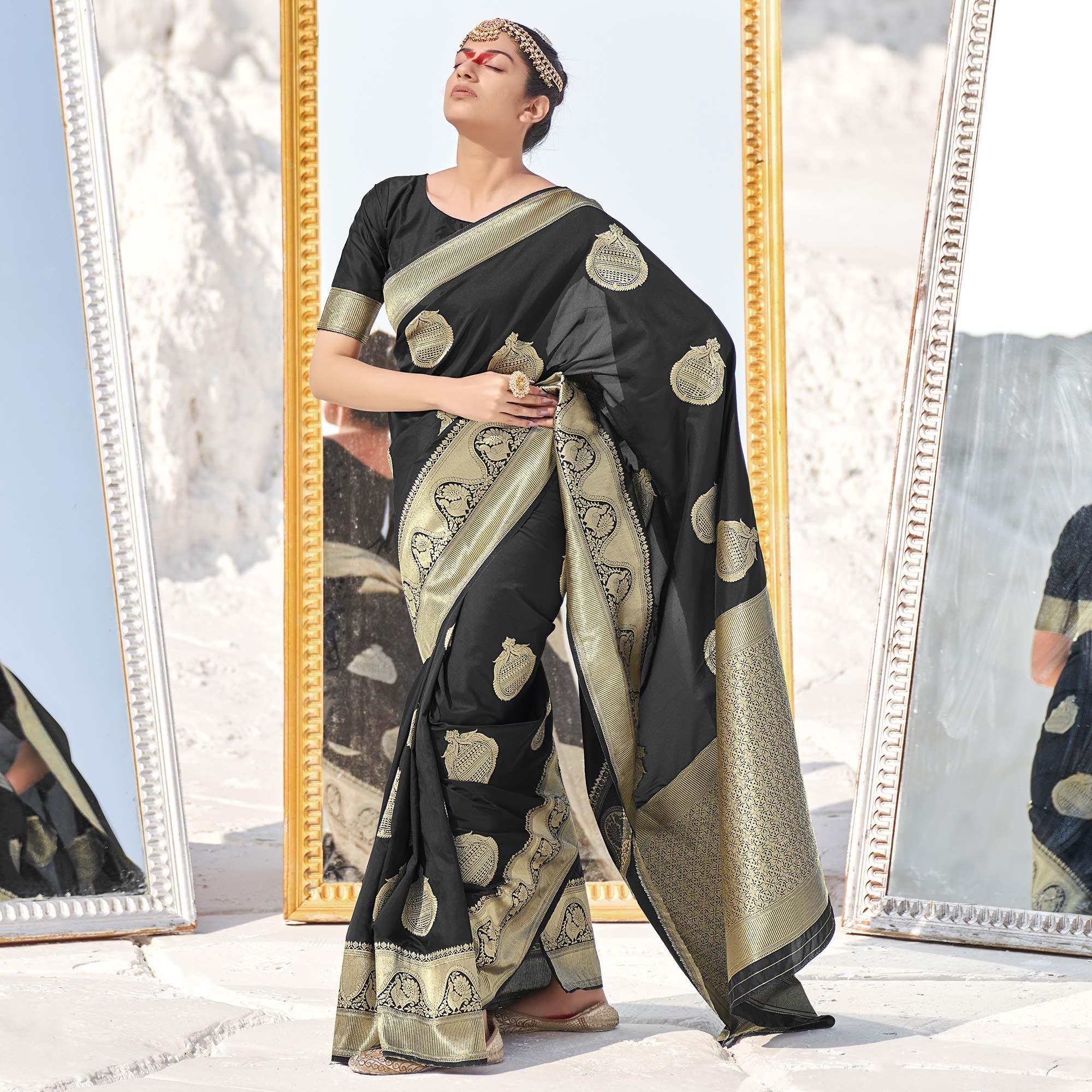 Black Festive Wear Woven Banarasi Silk Saree - Peachmode