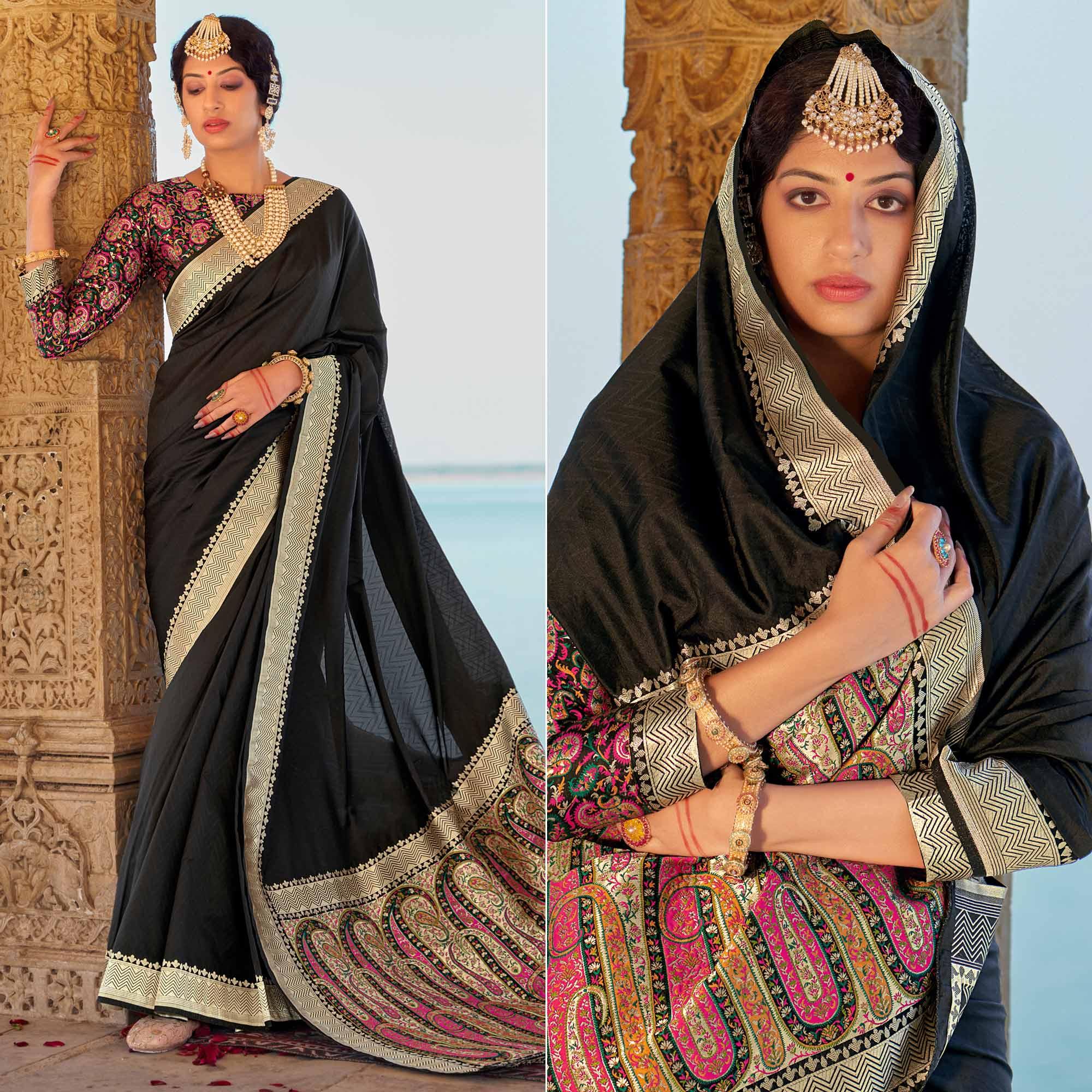 Black Festive Wear Woven Banarasi Silk Saree - Peachmode