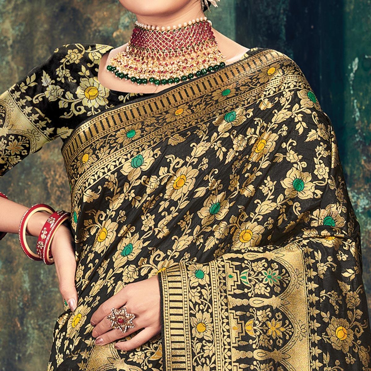 Black Festive Wear Woven Banarasi Silk Saree - Peachmode