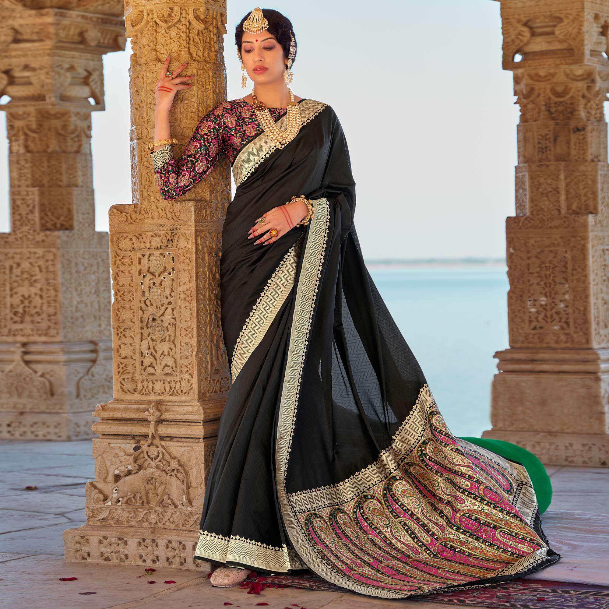 Black Festive Wear Woven Banarasi Silk Saree - Peachmode