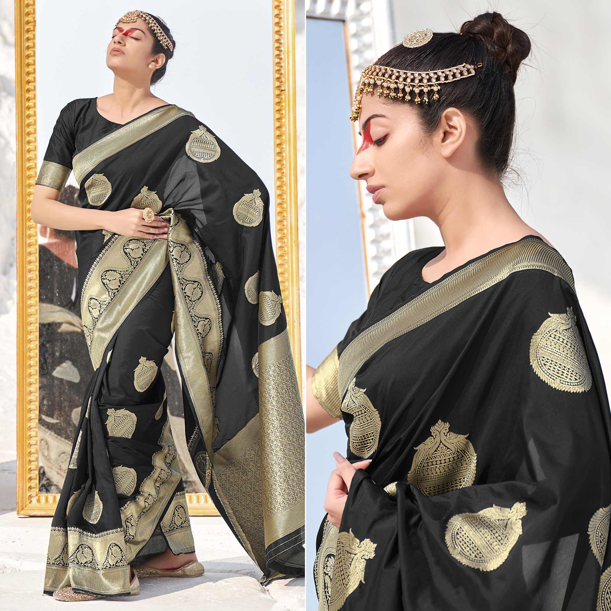 Black Festive Wear Woven Banarasi Silk Saree - Peachmode