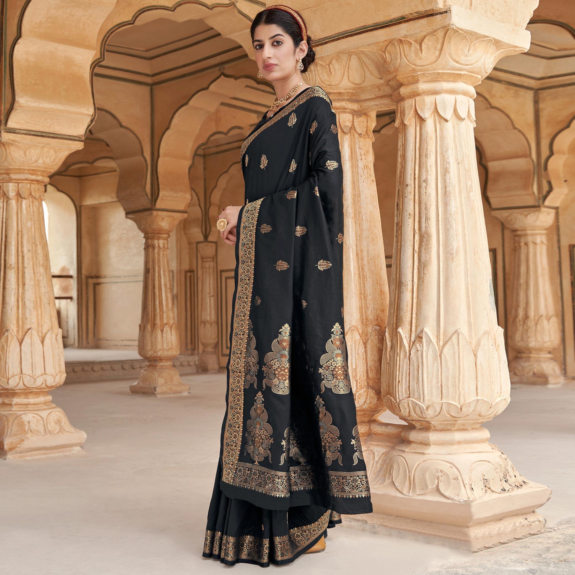 Black Festive Wear Woven Banarasi Silk Saree - Peachmode