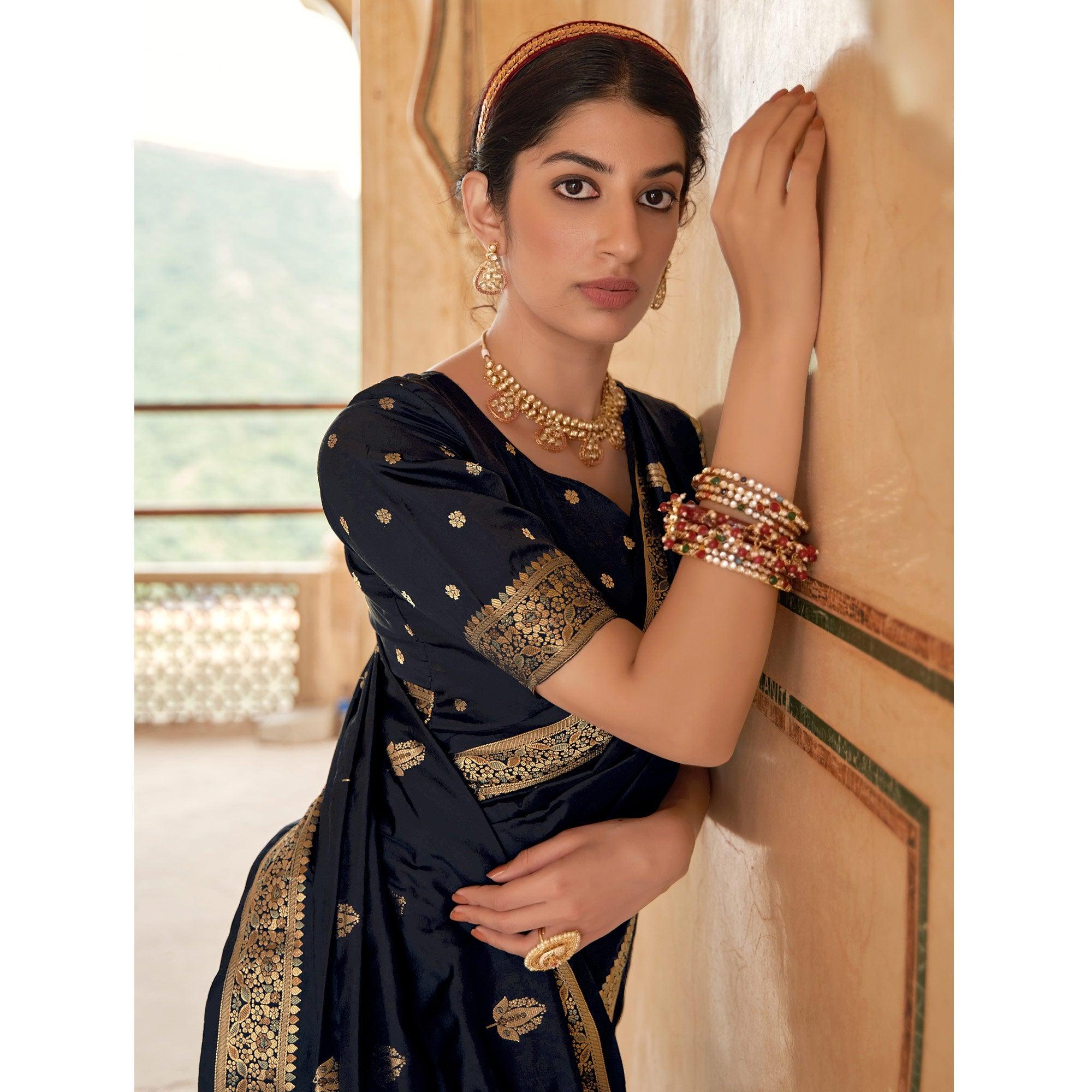 Black Festive Wear Woven Banarasi Silk Saree - Peachmode