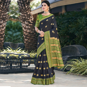 Black Festive Wear Woven Cotton Saree - Peachmode