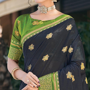 Black Festive Wear Woven Cotton Saree - Peachmode