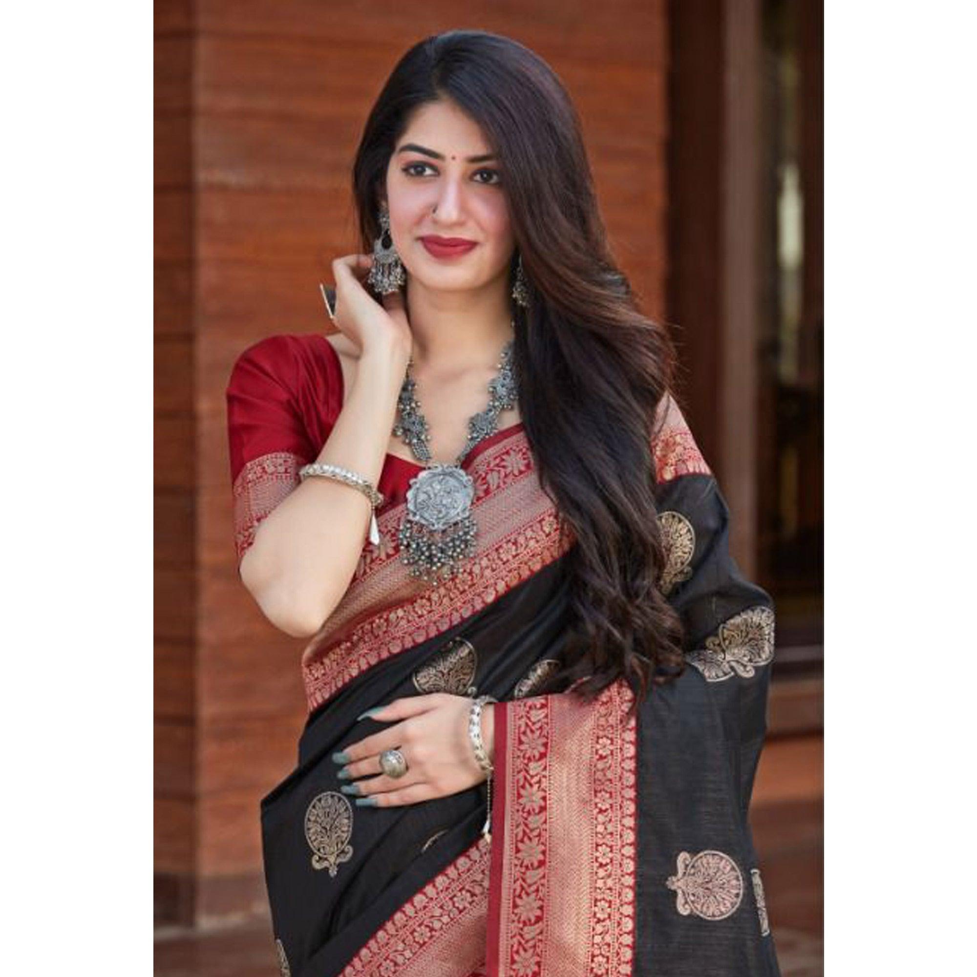 Black Festive Wear Woven Designer Art Silk Saree - Peachmode