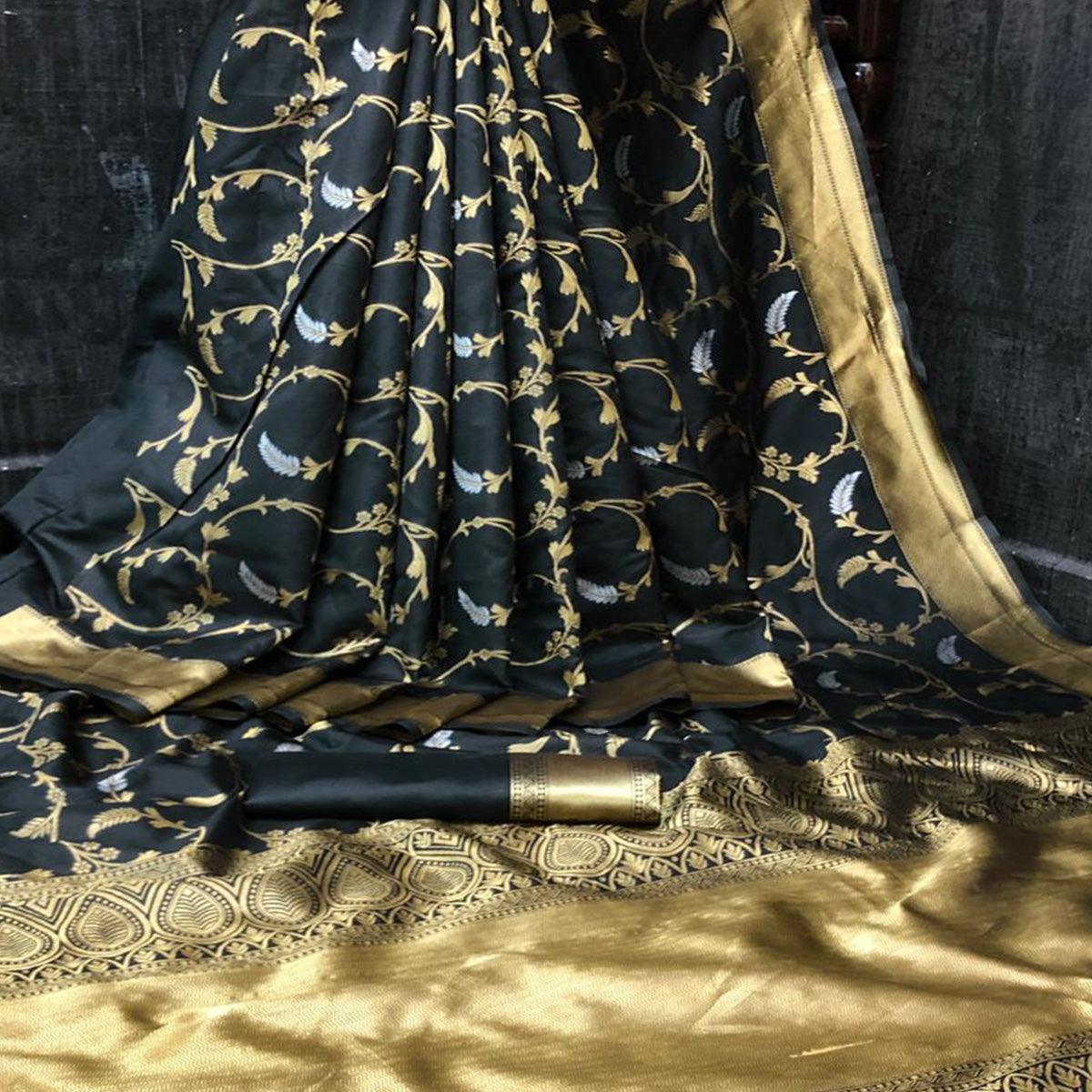 Black Festive Wear Woven Designer Soft Lichi Silk Saree - Peachmode