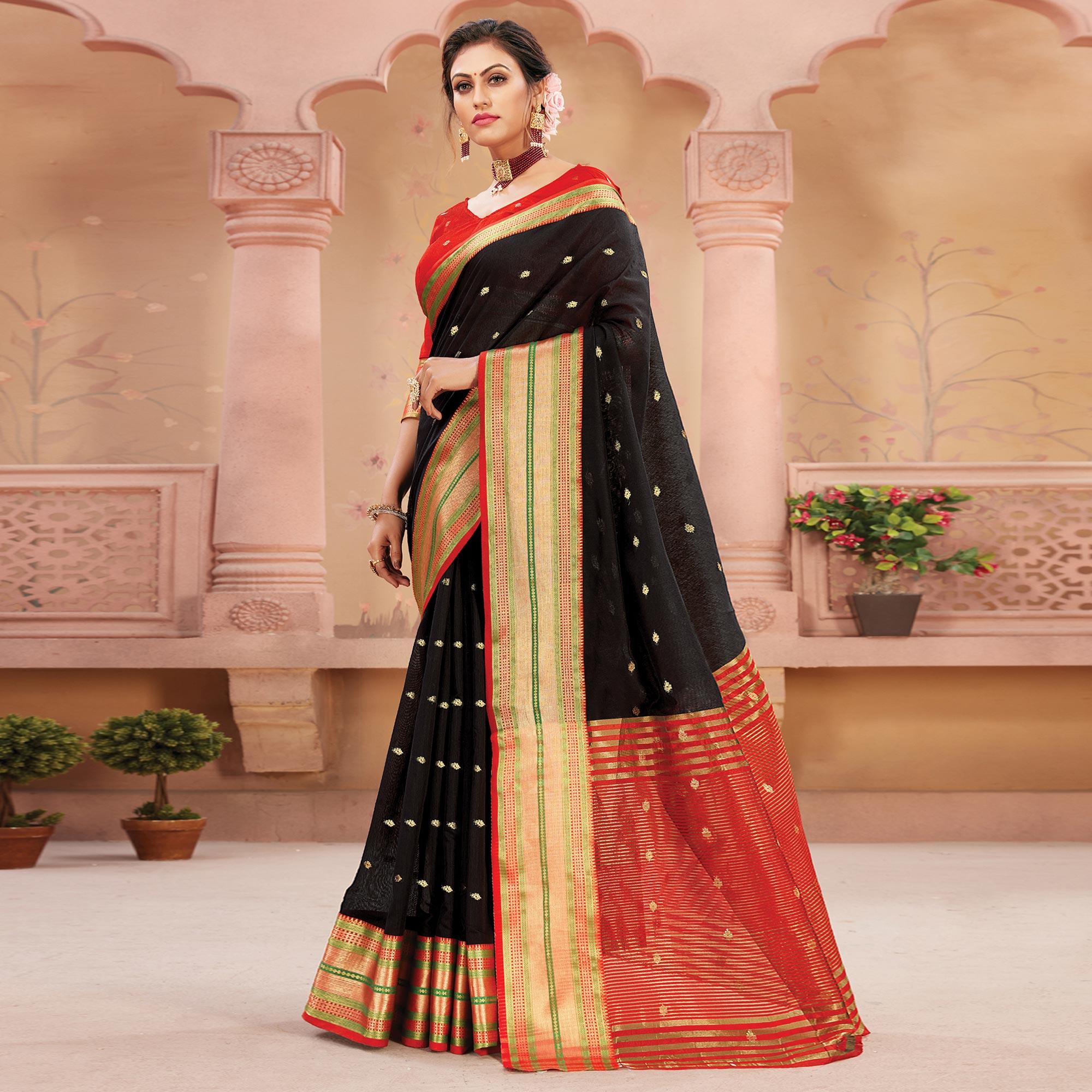 Black Festive Wear Woven Handloom Silk Saree - Peachmode