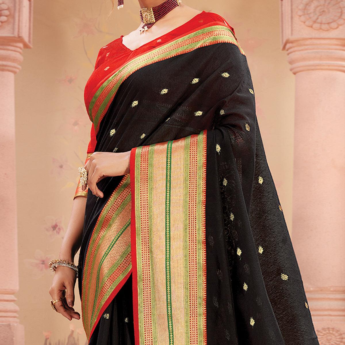 Black Festive Wear Woven Handloom Silk Saree - Peachmode