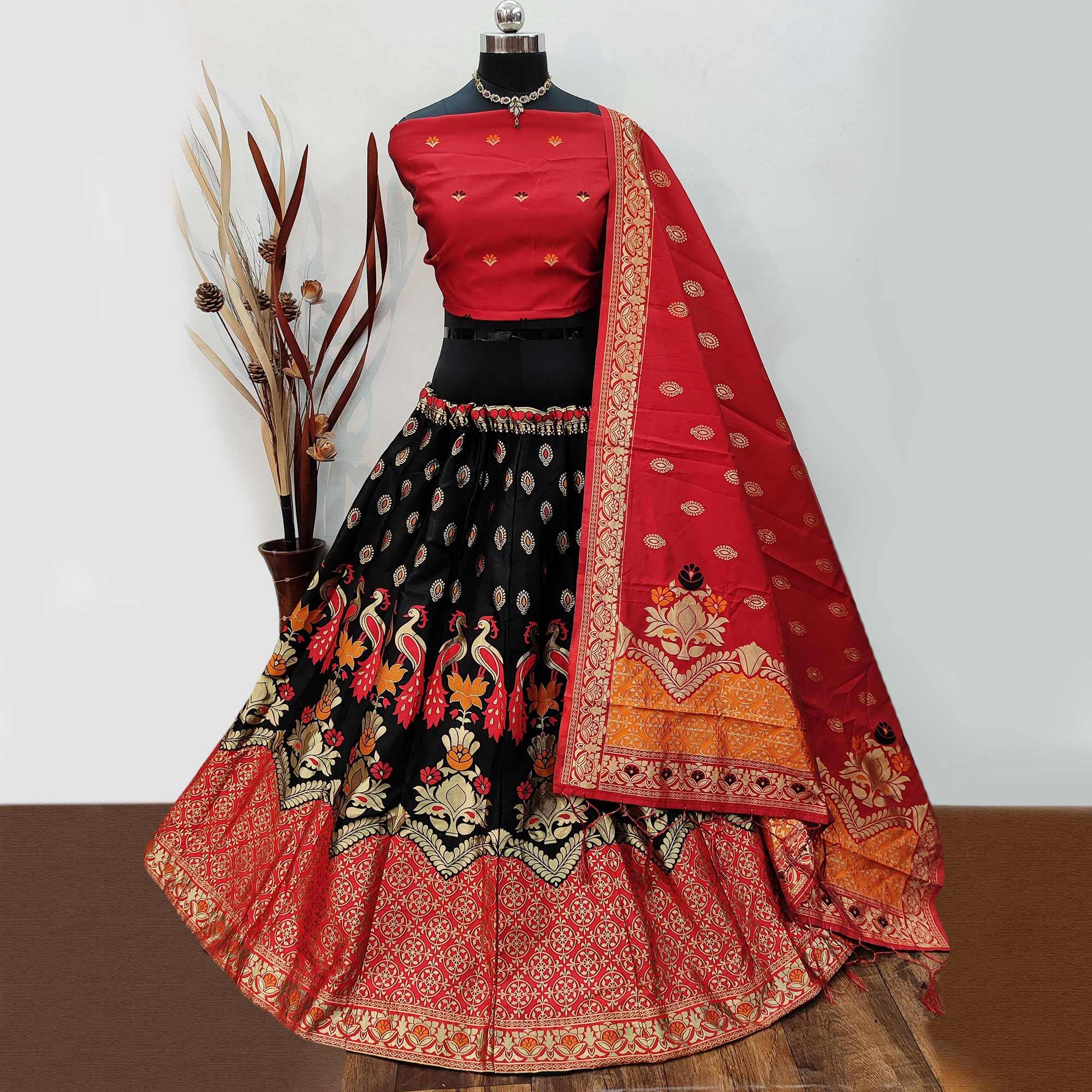 Black  Festive Wear Woven Heavy Brocade Lehenga Choli - Peachmode